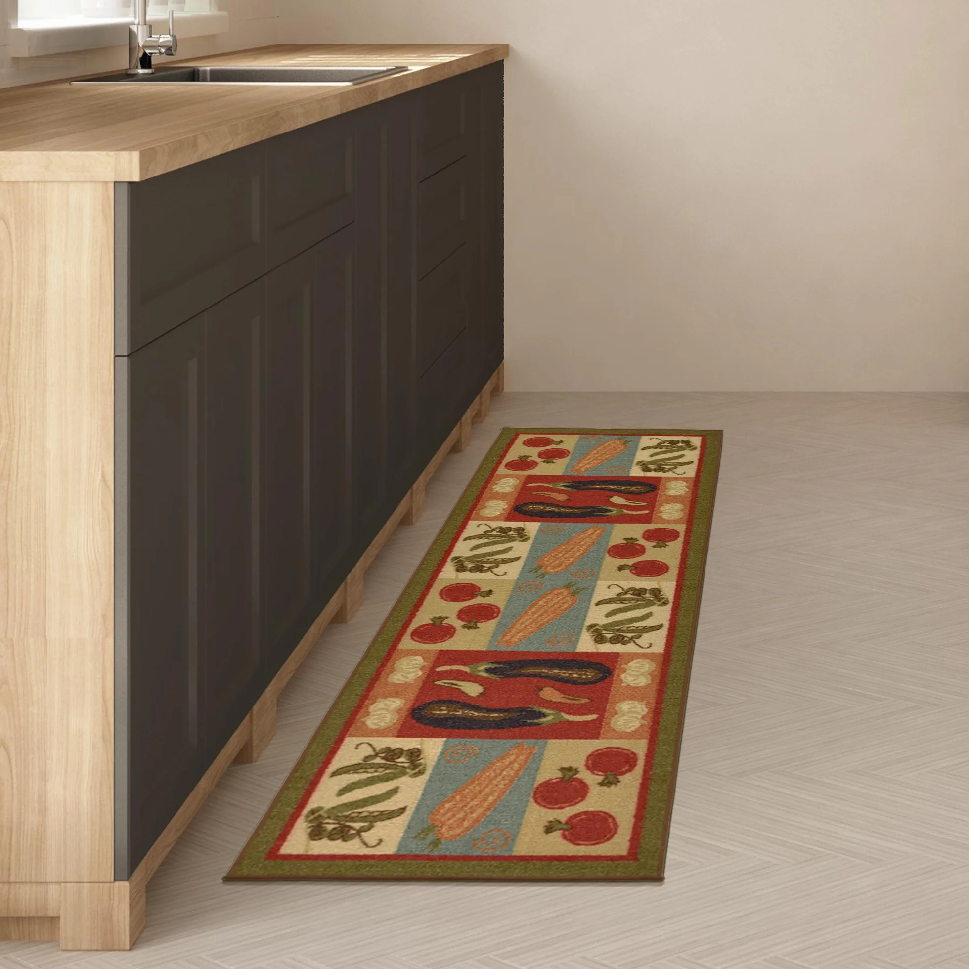 Ottomanson Sara's Kitchen Ciemnooliwkowozielone warzywa, designerski dywan z gumowym spodem, 50 x 150 cm, oliwkowozielony