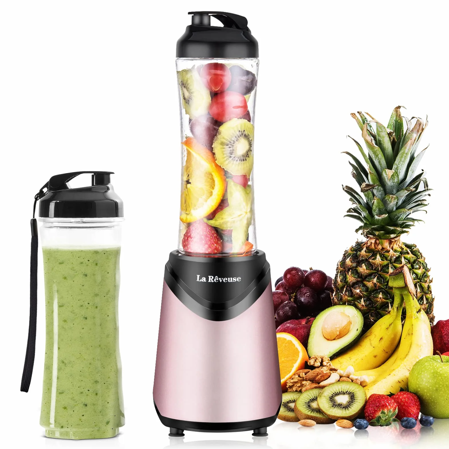La Rêveuse Mix&Go mikser stojący do smoothie mikser elektryczny 300 W, osobisty rozmiar, 2 przenośne butelki sportowe bez BPA (550 ml), różowy