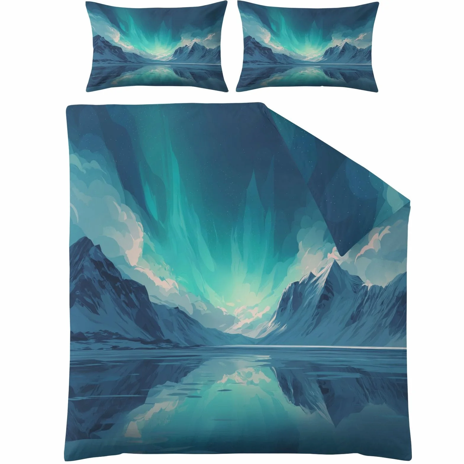 Przyjazny dla skóry natura krajobraz zestaw pościeli 260 x 220 cm dla dorosłych fantasy śnieżna góra zorza polarna zestaw poszewek na kołdrę do pokoju dekoracyjna niebieska super king size poszewka na
