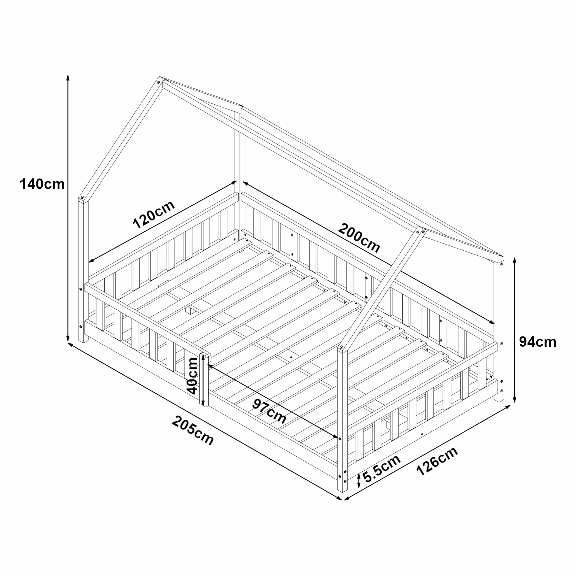 [en.casa] Łóżko domkowe do domku z listwą łóżka z wygodną kratką ochronną, nośność 120 kg, drewno sosnowe, sklejka, 120 x 200 cm, naturalne