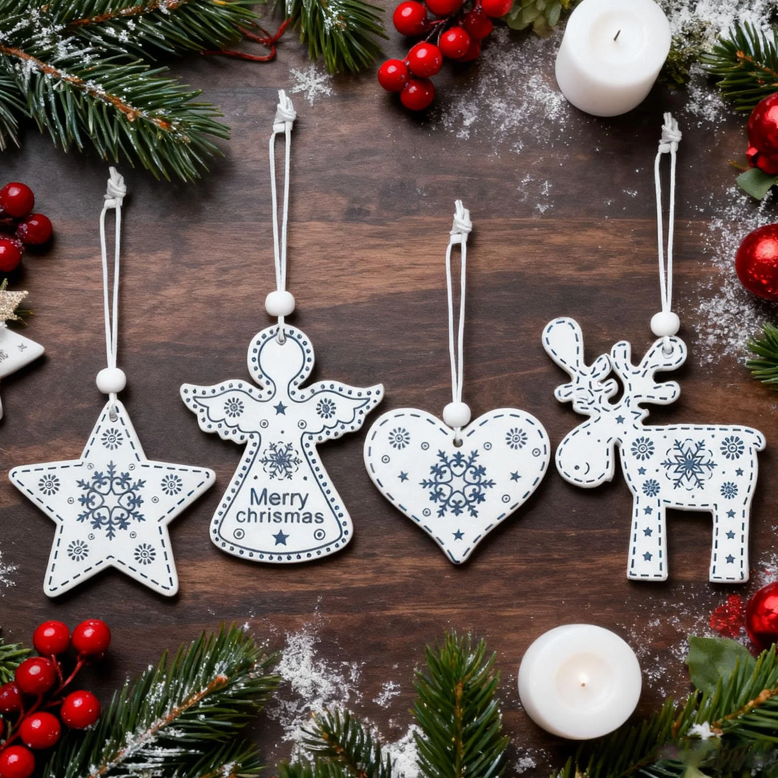 HERZONE 24 drewniane zawieszki na Boże Narodzenie, anioł, drewno, serce, gwiazdy, renifery, zawieszki na Boże Narodzenie, drewniane zawieszki na choinkę (biało-szare A)