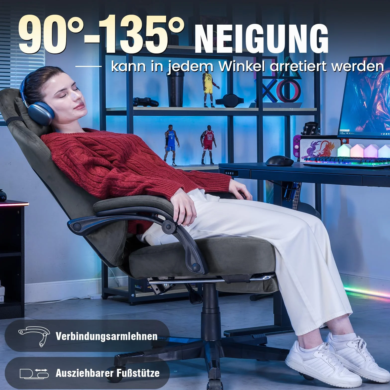 GTPLAYER Ergonomiczne krzesło gamingowe z tkaniny 150 kg regulowane obrotowe poduszka sprężynowa podnóżek szary