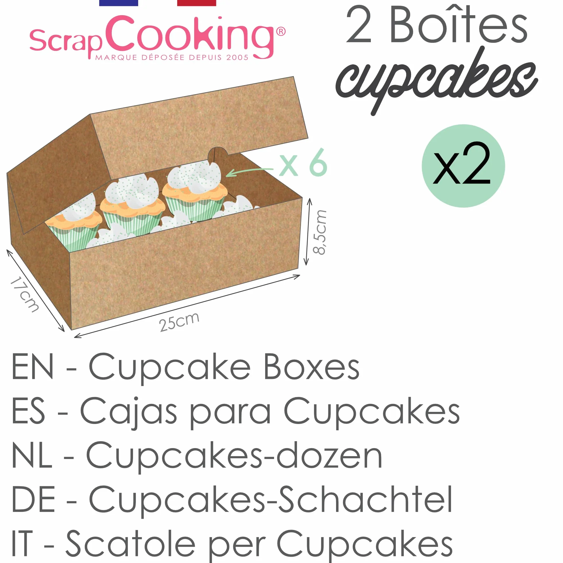 SCRAP COOKING - Zestaw 2 pudełek na babeczki - Karton Kraft Recykling Food - 17 x 25 x 8,5 cm - do transportu 6 babeczek babeczek, ciast deserowych - Wyprodukowano we Francji - 5502