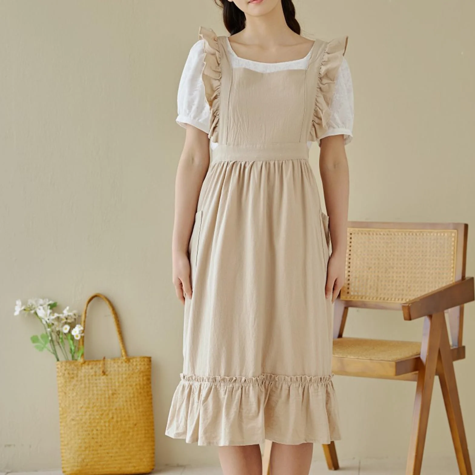 Retro Damskie Fartuchy Z 2 Kieszeniami - Bawełniany Fartuchów Seksowny Do Kuchnia Gotowanie OgroduBeige,One Size