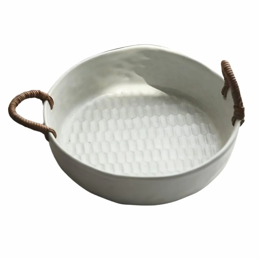 Kosz owoców Ceramiczna miska na owoce z uchwytami rattanu, o strukturze plastra miodu, dekoracyjna do serwowania w kuchni i jadalni Stojak na warzywa w koszyku owoców(Biały,Duży)