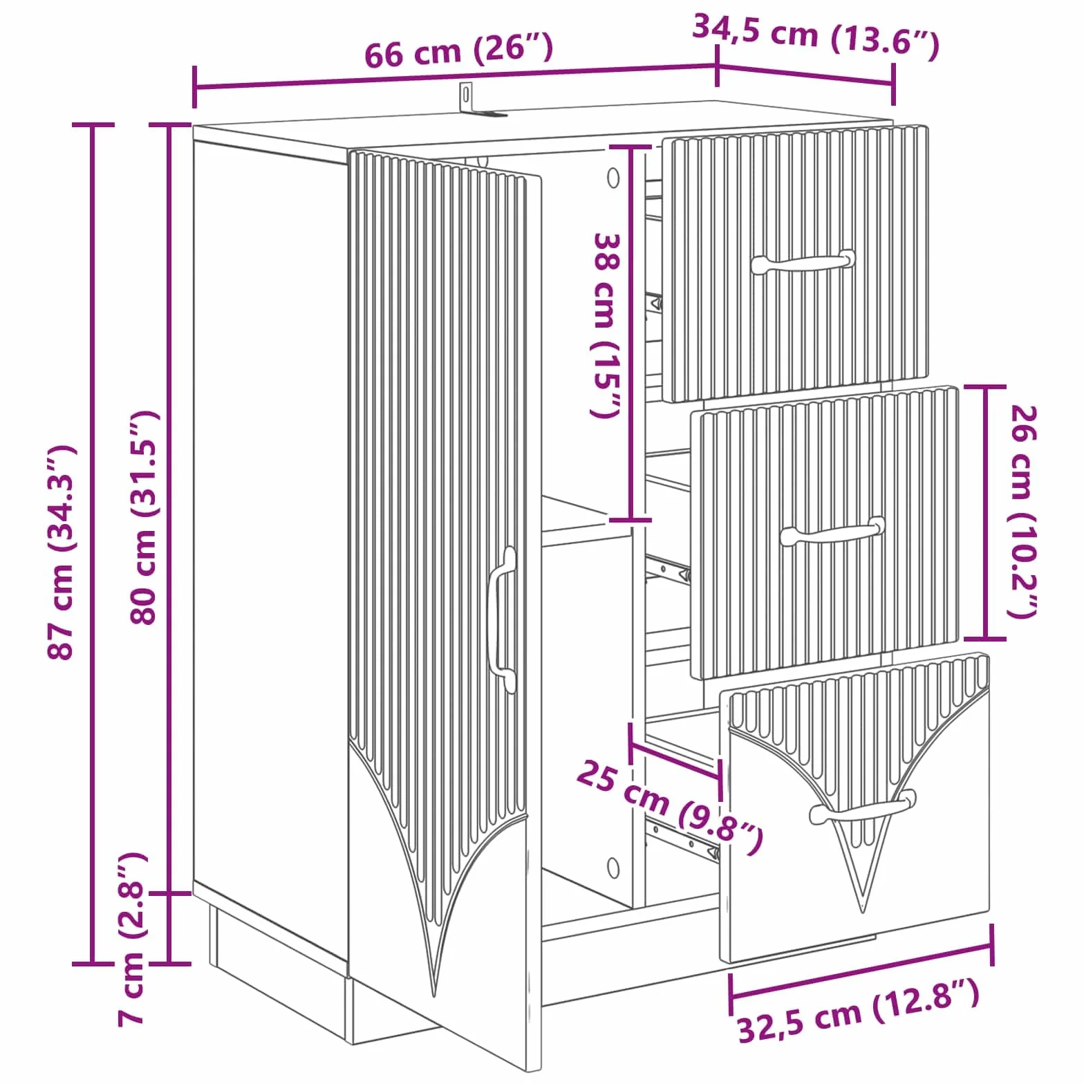 Bufet dębowy rzemieślniczy 66 x 34,5 x 87 cm, inżynieryjny drewniany mebel do przechowywania z szufladami i półkami, elegancki design, do salonu lub jadalni