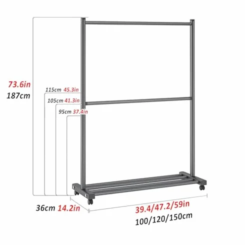 Regulowany wieszak na ubrania z podwójnym prętem z kółkami metalowy stojak do przechowywania odzieży przenośna szafa z półką 120 cm czarny stojak na ubrania do domu i szafy