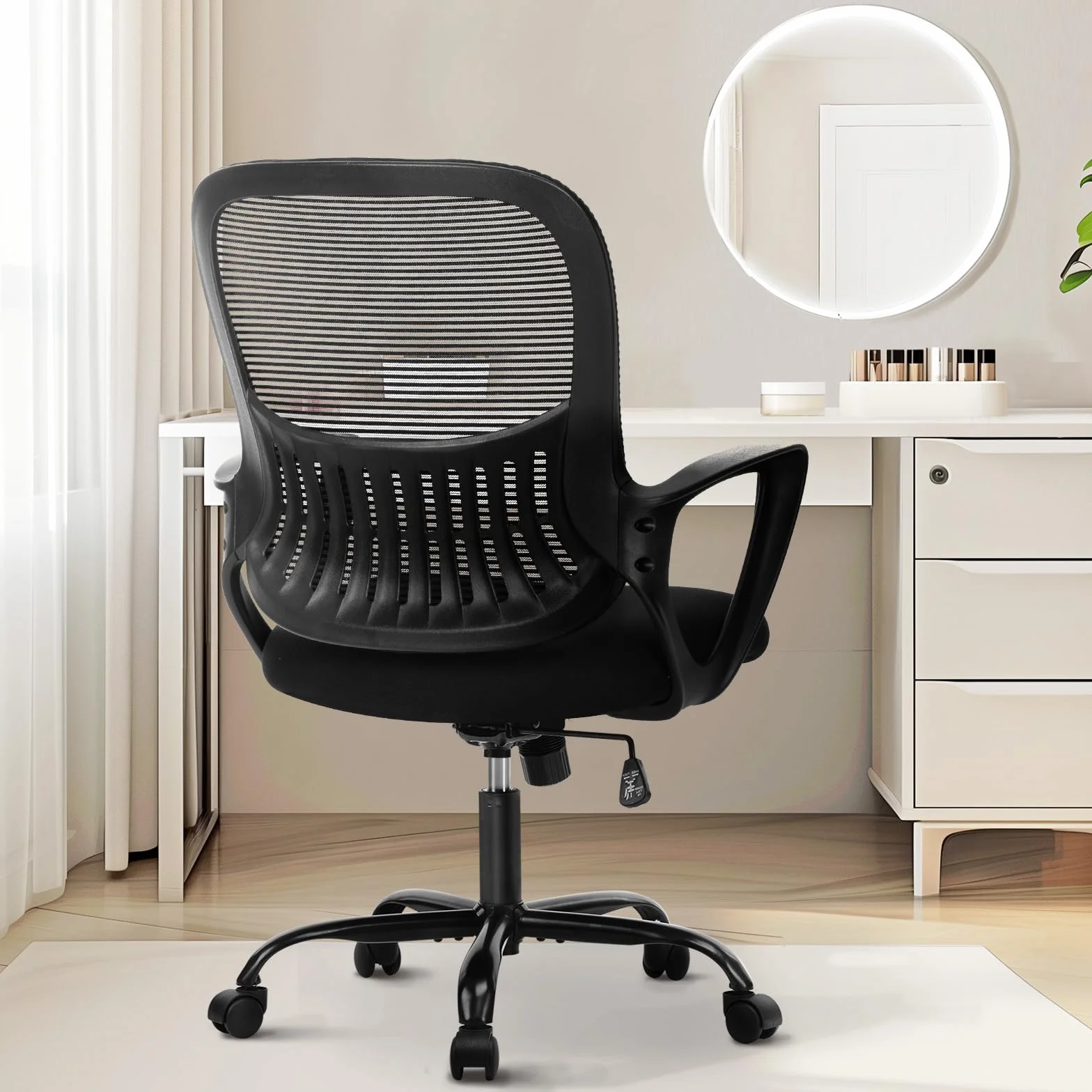 Sweetcrispy Krzesło biurowe, stolik komputerowy, fotel szefa kierowcy, ergonomiczny wózek inwalidzki z siatką Mid-Back z kółkami, wygodne podparcie okolic lędźwiowych, wygodne podłokietniki do domu,