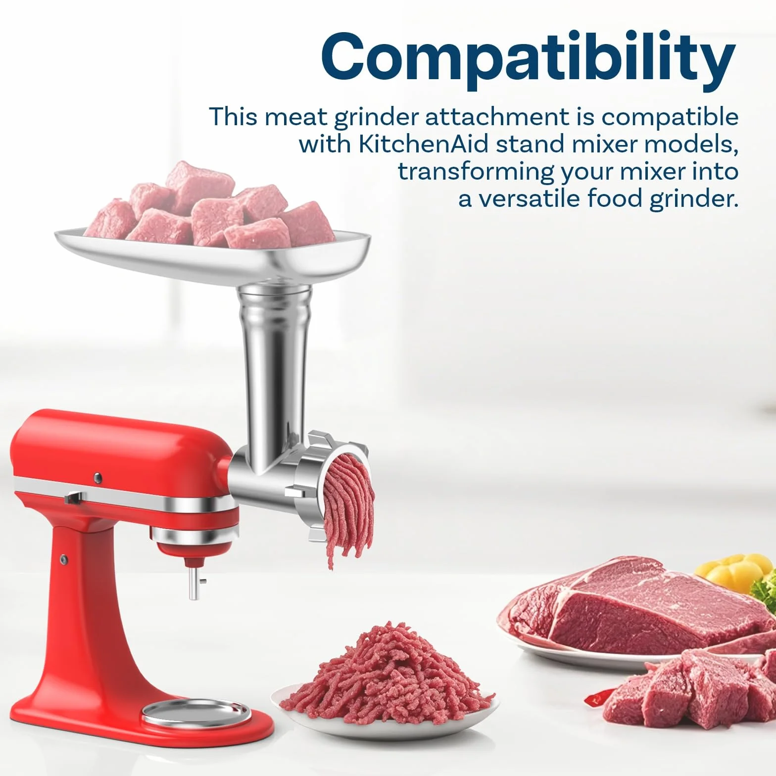 Młynek do Mięsa Mocująca do KitchenAid Miksera Stojącego - Przystawka do Maszynki do Mielenia Zywności z 4 Płytami Mielącymi, 2 Rurki do Nadziewania Kiełbasy, 2 Ostrzami Mielącymi firmy MMOBIEL