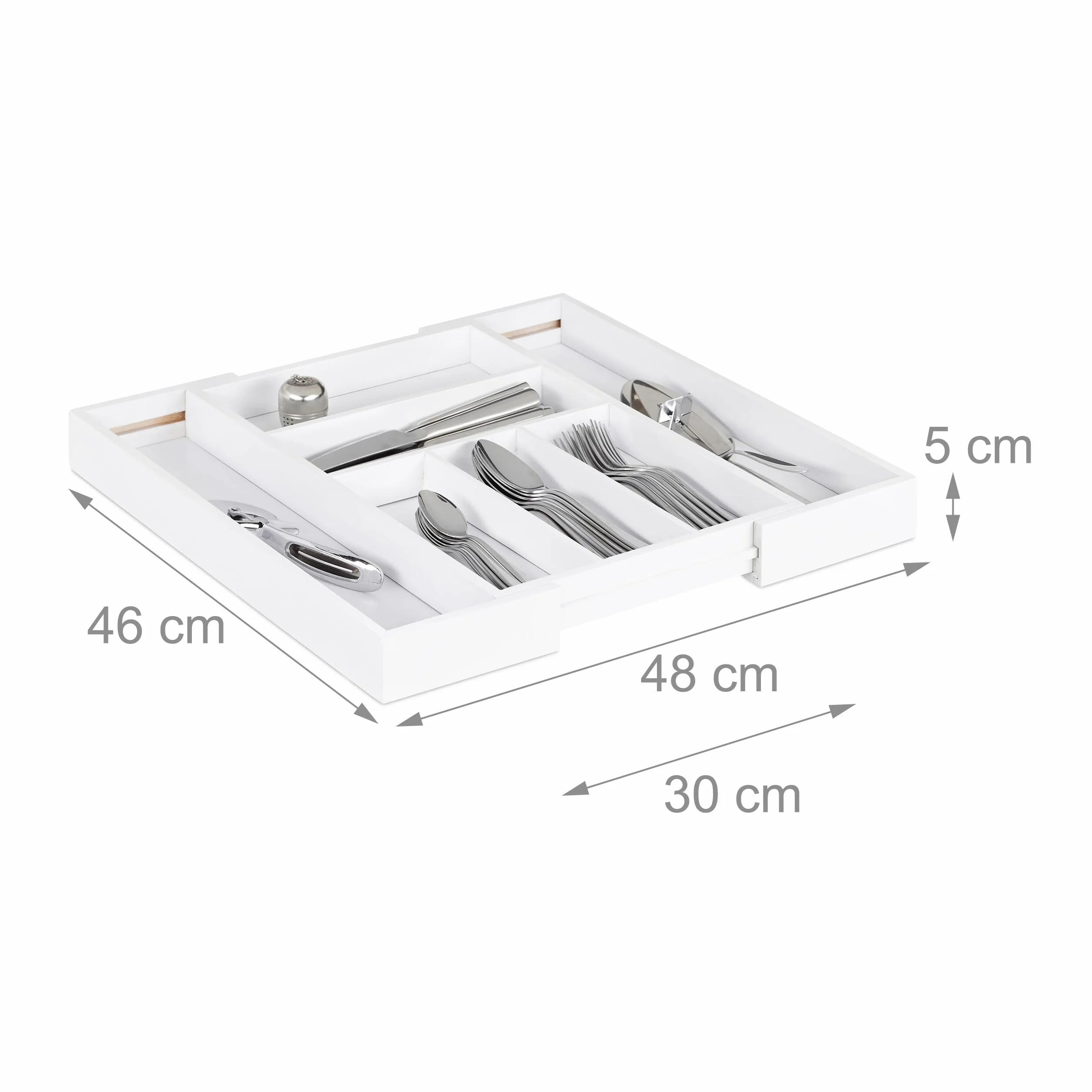 Relaxdays Organizer bambusowy do sztućców wysuwany 5–7 przegródek 48 x 46 cm biały