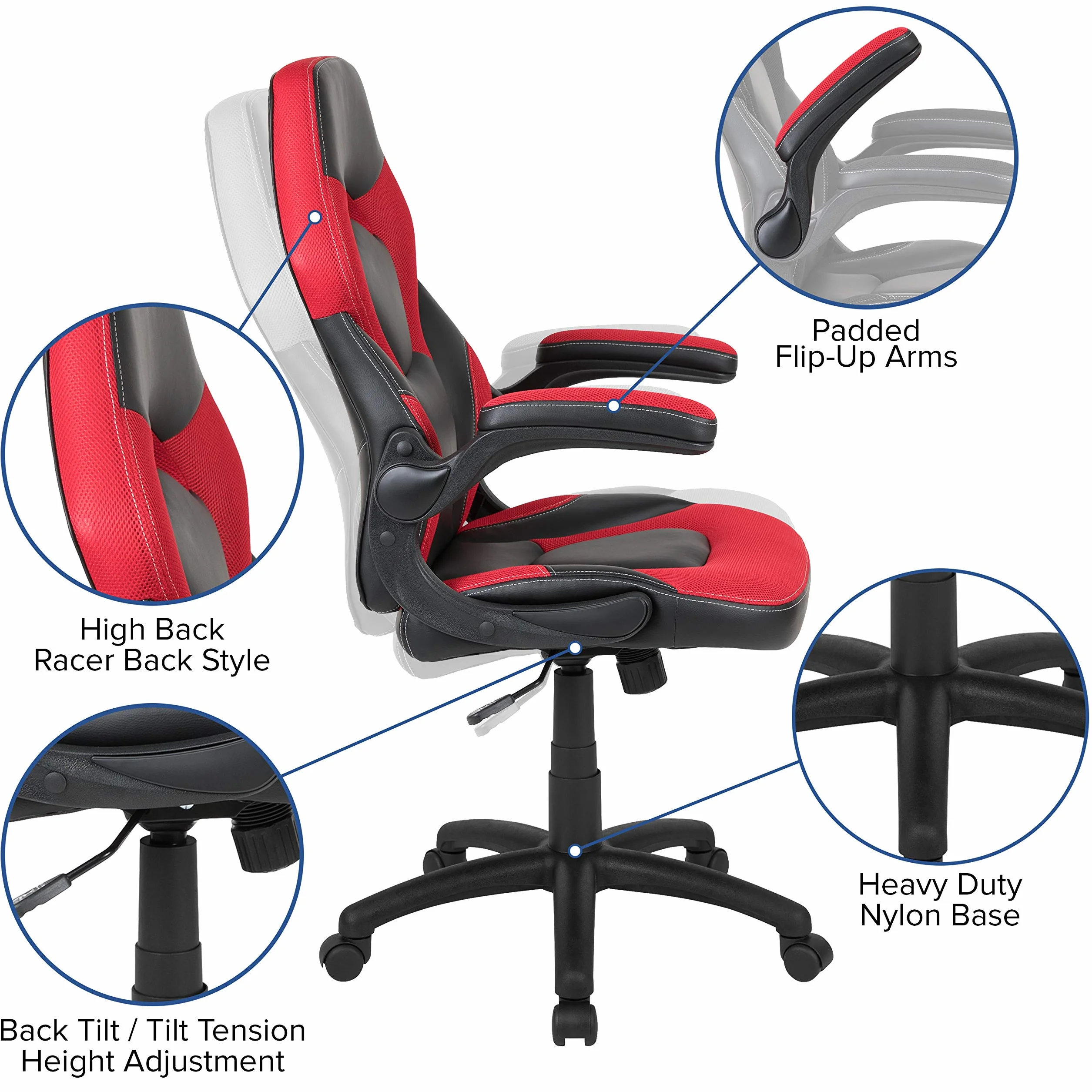 Flash Furniture X10 fotel gamingowy do biura, ergonomiczny, komputerowy, regulowany, obrotowy fotel z podnoszonymi podłokietnikami, czerwono-czarna skóra, miękka
