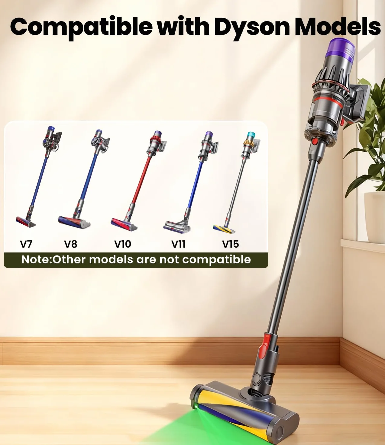 Szczotka kompatybilna z Dyson V7, V8, V10, V11, V15, Turbinowe szczotka elektryczna diodami LED, Wymienna głowica do odkurzacza, Miękki wałek szczotki, do twardych podłóg, dywanów