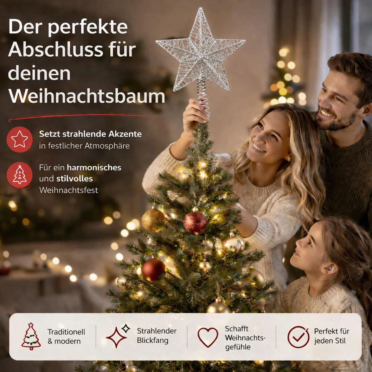 Szpic na choinkę bożonarodzeniową Czubek na choinkę na Boże Narodzenie Gwiazda Ozdoba choinkowa dekoracja bożonarodzeniowa (srebrny)