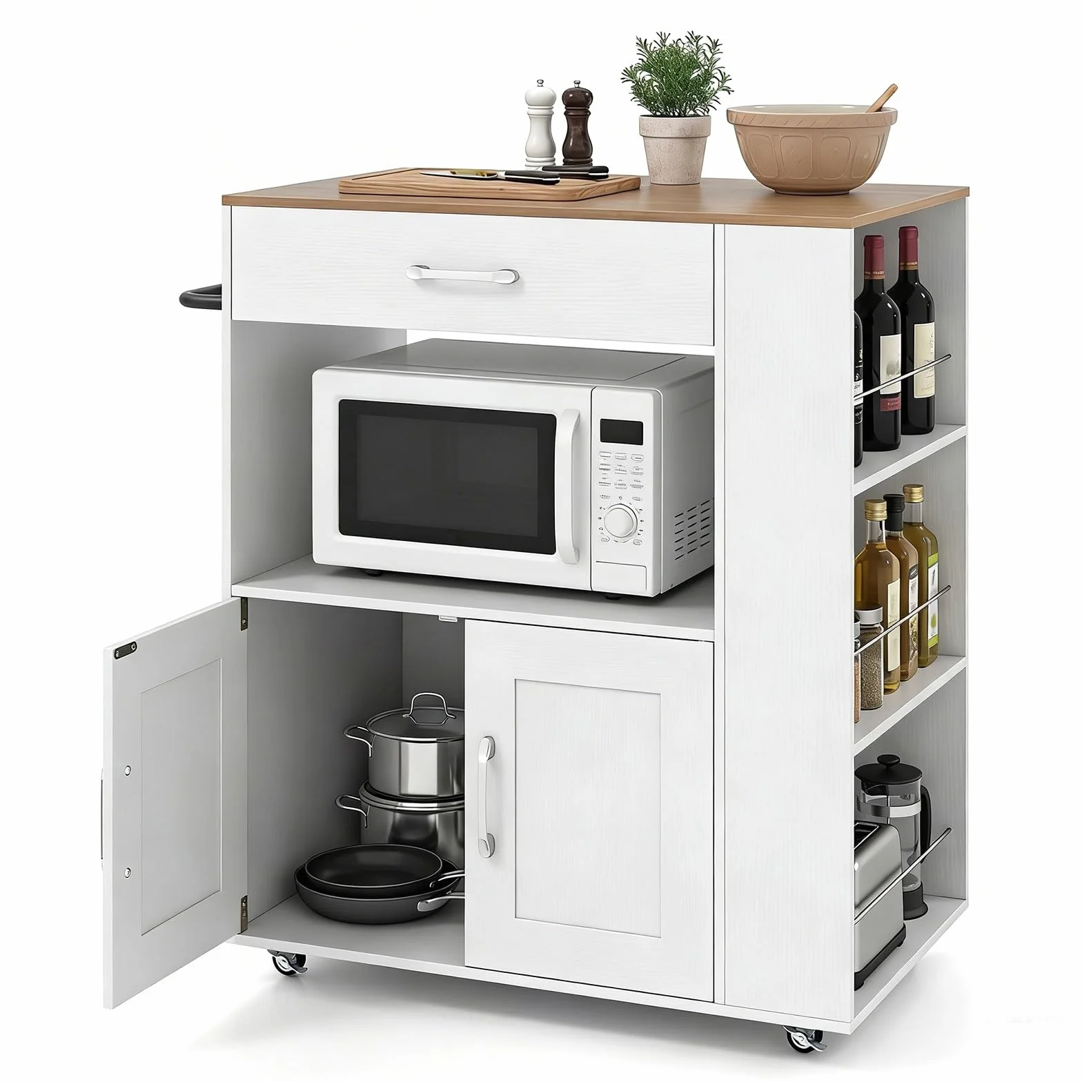 GIANTEX NF88624 Wózek kuchenny na kółkach z blatem roboczym, szufladą i 3 półkami, biały