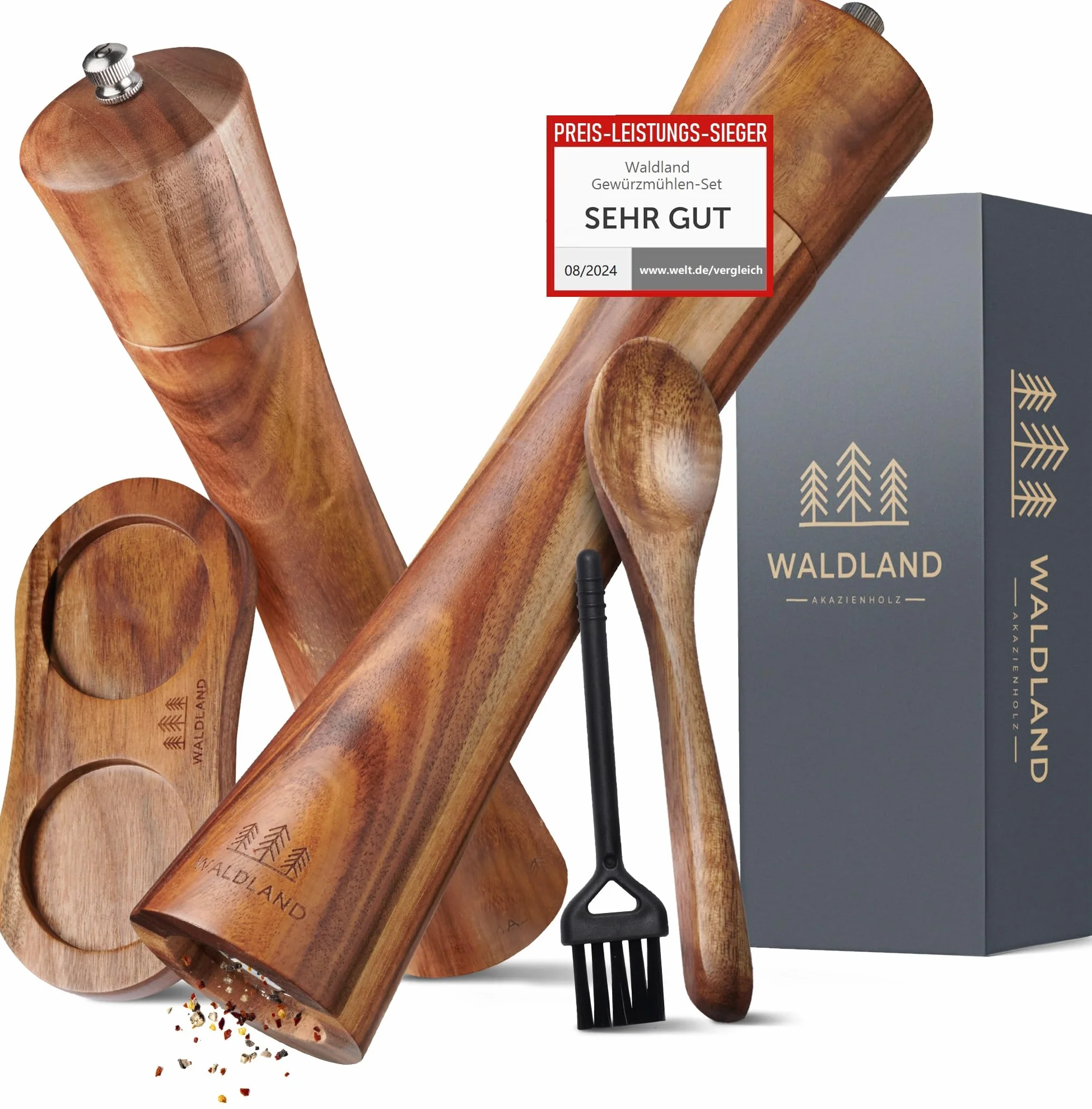 WALDLAND® Młynek do soli i pieprzu z drewna, z podstawką, mały (16,5 cm), młynek do przypraw z ceramicznym mechanizmem mielącym, zestaw młynków do pieprzu i soli