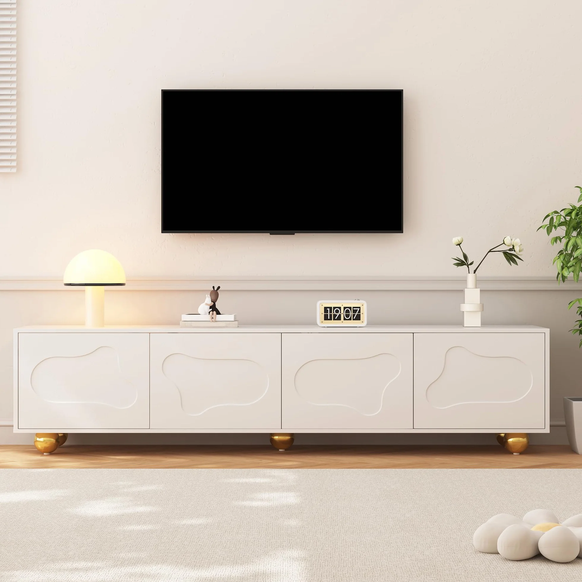 Szafka pod telewizor, 180 cm, ciepła biel, szafka pod telewizor do 75 cali, styl chmury, 4 drzwi, kuliste nogi, kredens z płyty MDF, do salonu, pokoju młodzieżowego