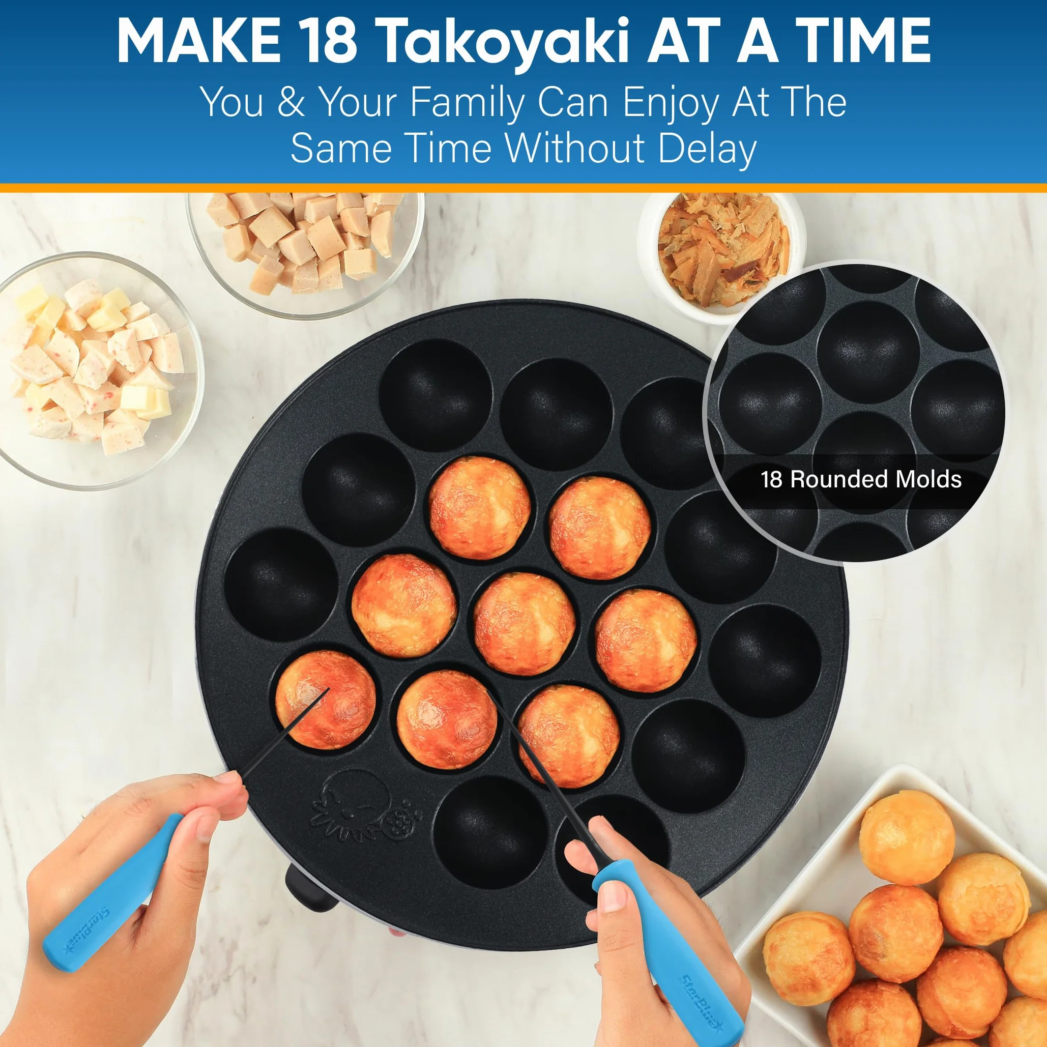 StarBlue Takoyaki Maker Machine z darmowymi kostkami Takoyaki, regulacja temperatury, 18 otworów, elektryczna patelnia do japońskich kulek ośmiornicy, 220 V, 60 Hz, 700 W, wtyczka brytyjska z