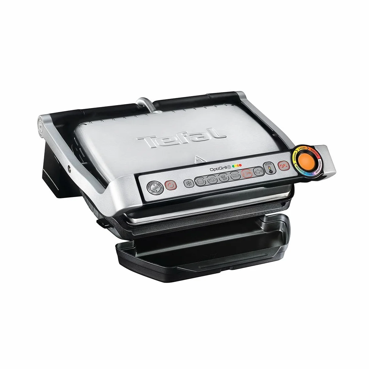 TEFAL OptiGrill+ GC712D Grill elektryczny, 2000W, 6 automatycznych programów, Wskaźnik poziomu wysmażenia Automatic Sensor Cooking, nieprzywierająca powłoka, Możliwość mycia w zmywarce, Srebrny