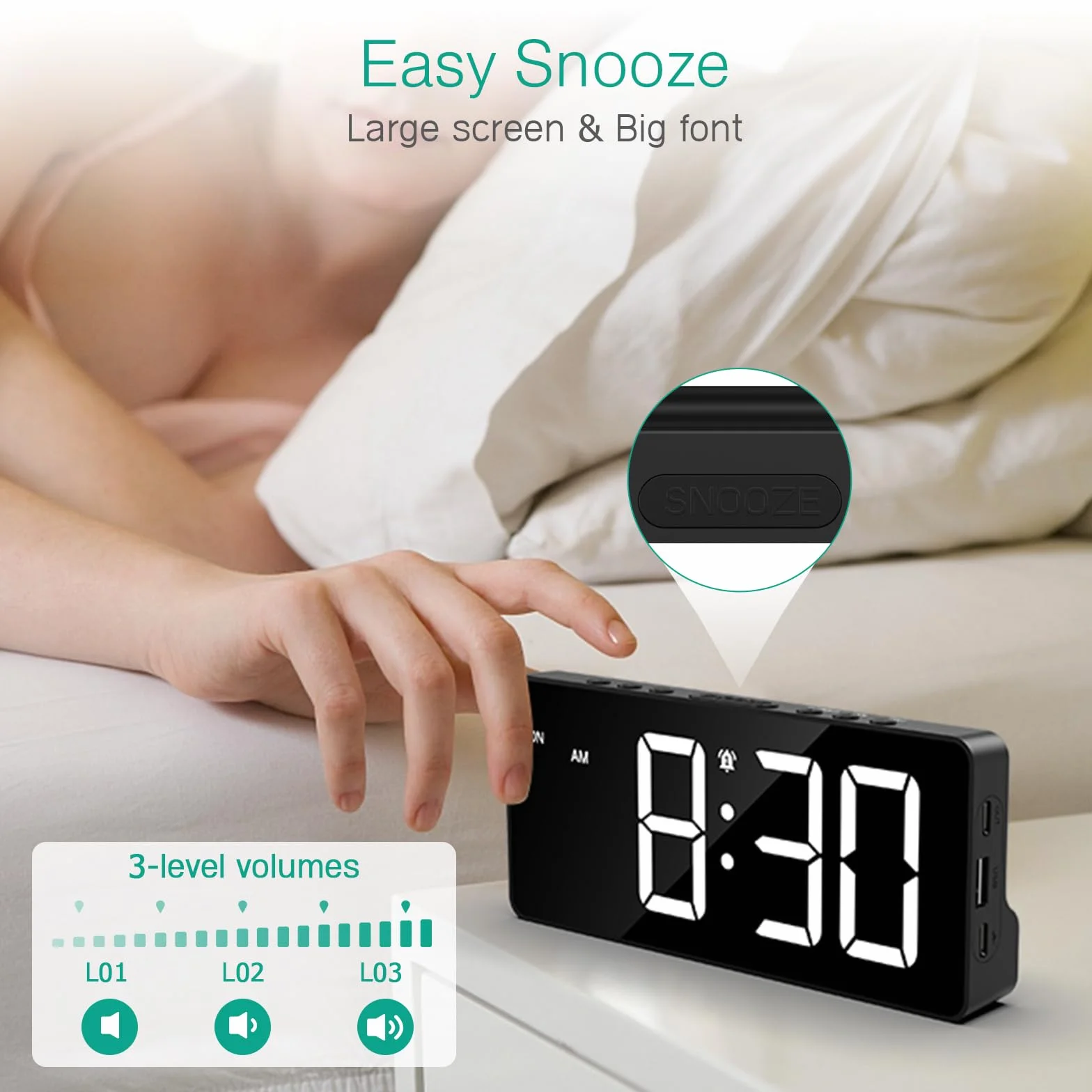 ORIA Cyfrowy budzik i nocne budziki LED, 5-poziomowy zegar z jasnością, 2 porty USB, drzemka, data, 12/24 h, podwójne alarmy (kabel 1,5 m w zestawie)