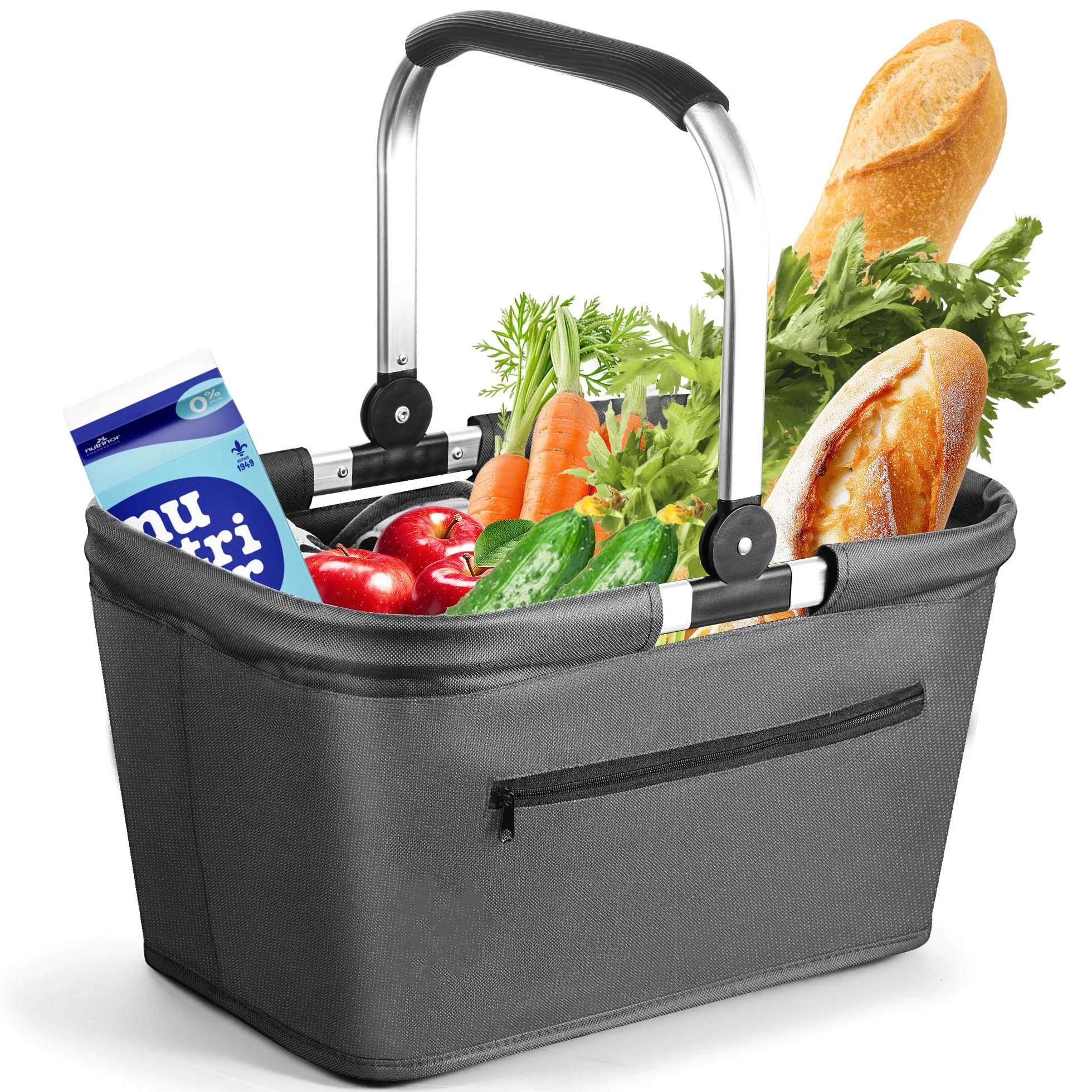 25L Składany koszyk na zakupy | Stabilny kosz do noszenia & piknikowy | Duży rozkładany kosz dla rodziny (43x28x23 cm) | Z wygodnymi uchwytami | Na zakupy, podróże, camping – FOLDOUT (Szary, 25L)