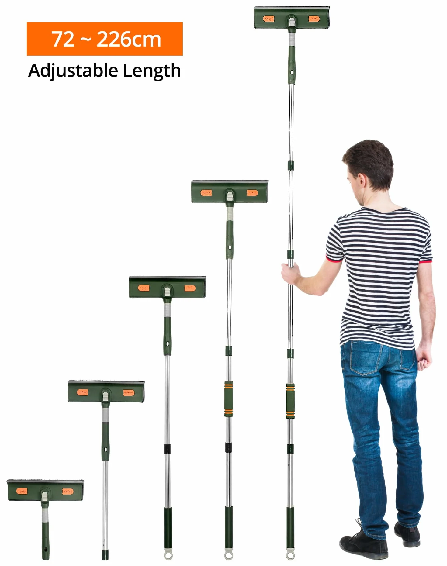 QWORK® Ściągaczka do okien, ściągaczka do podłóg prysznic, od 29 do 200 cm Wysuwana rączka 2w1, głowica obrotowa 180°, do mycia okien, podłóg, samochodów