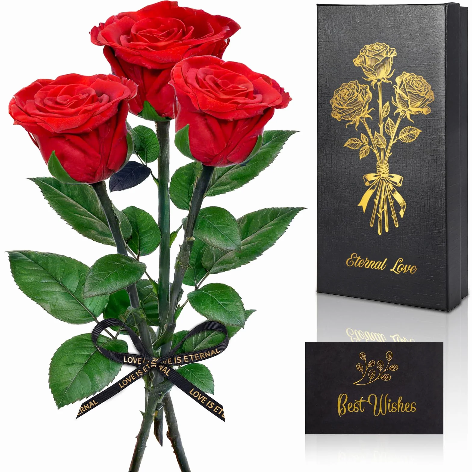 3 Infinity Rose, Wieczne Czerwone Róże Z łOdygami, Prawdziwa Róża Prezent Urodzinowy dla Kobiet, Zakonserwowany Kwiat Róż z PudełKiem na Dzień Matki Rocznica Walentynki BożE Narodzenie