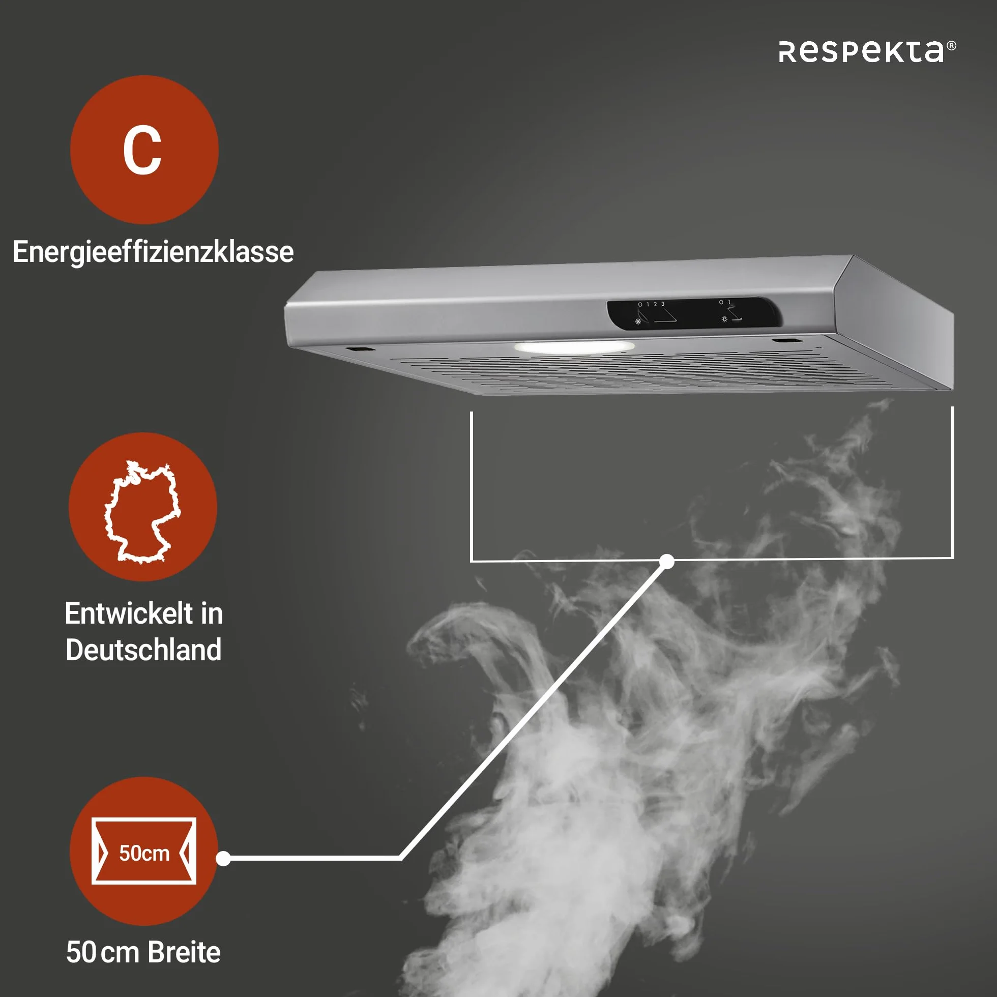 Respekta Okap kuchenny podszafkowy/Okap podszafkowy 50 cm/Metalowa obudowa o wyglądzie stali nierdzewnej/Funkcja wywiewu i recyrkulacji / DH540IXL / C / 52–68 dB