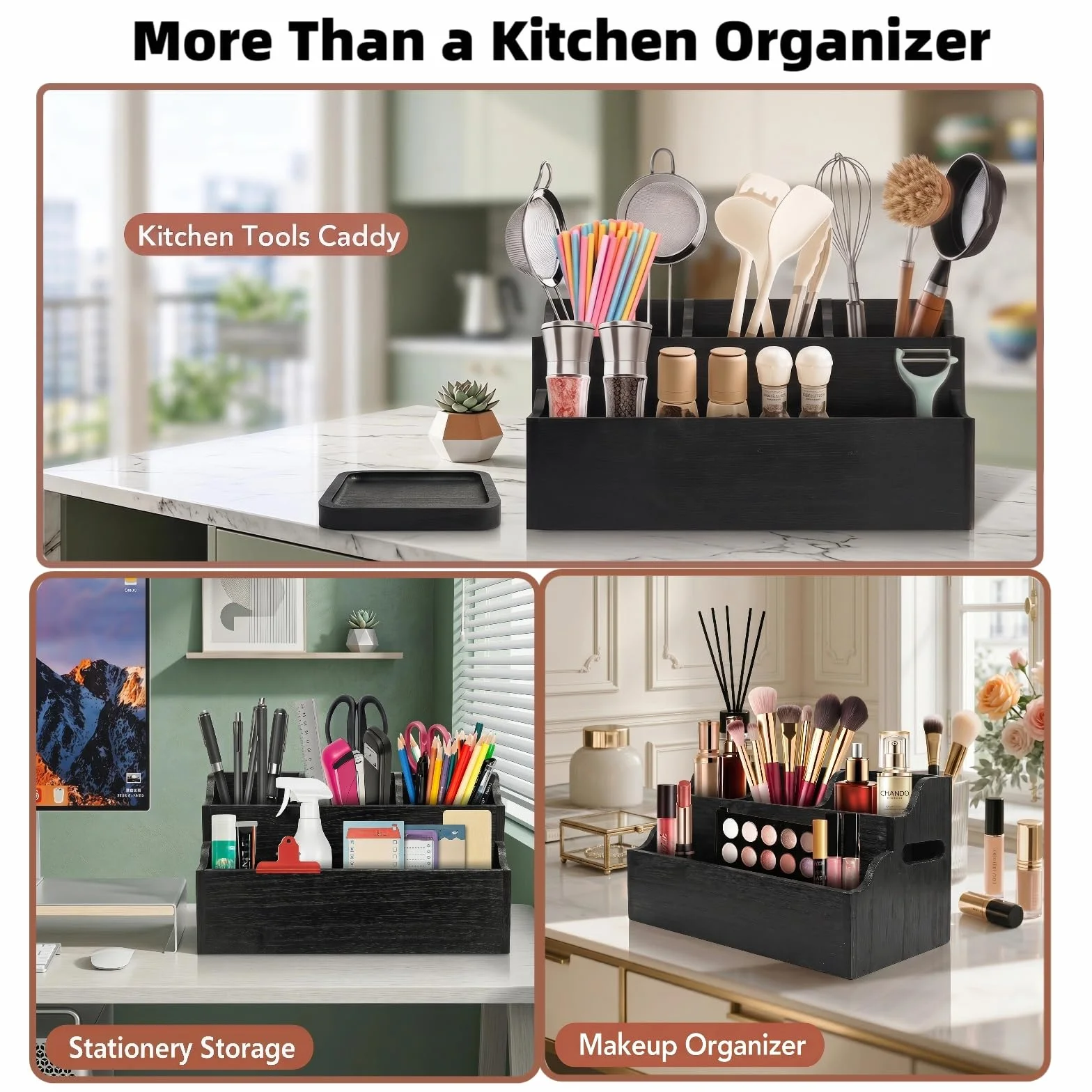 Bardzo duży organizer na przybory kuchenne z litego drewna z 3 przegródkami, nowoczesny, elegancki design z uchwytami, przestronny, łatwy dostęp i stabilny do przechowywania na blacie