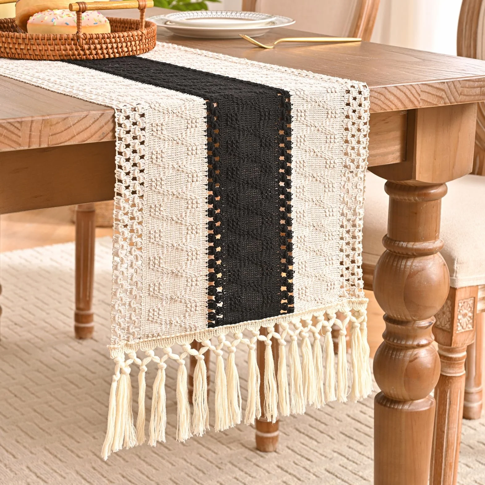 Bieżnik na stół w stylu boho bieżnik na stół pusty frędzle obrus na stół szydełkowy bieżnik 30 x 140 cm czarny/beżowy do dekoracji stołu vintage Boho Wedding Shower