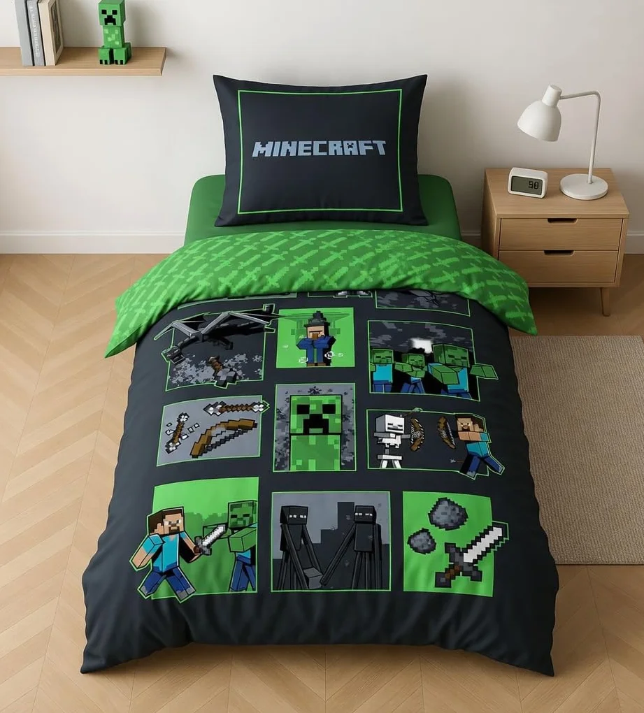 Zestaw pościeli Minecraft Survival Mode, 100% bawełna, poszwa na kołdrę 140x200 cm + poszewka na poduszkę 65x65 cm