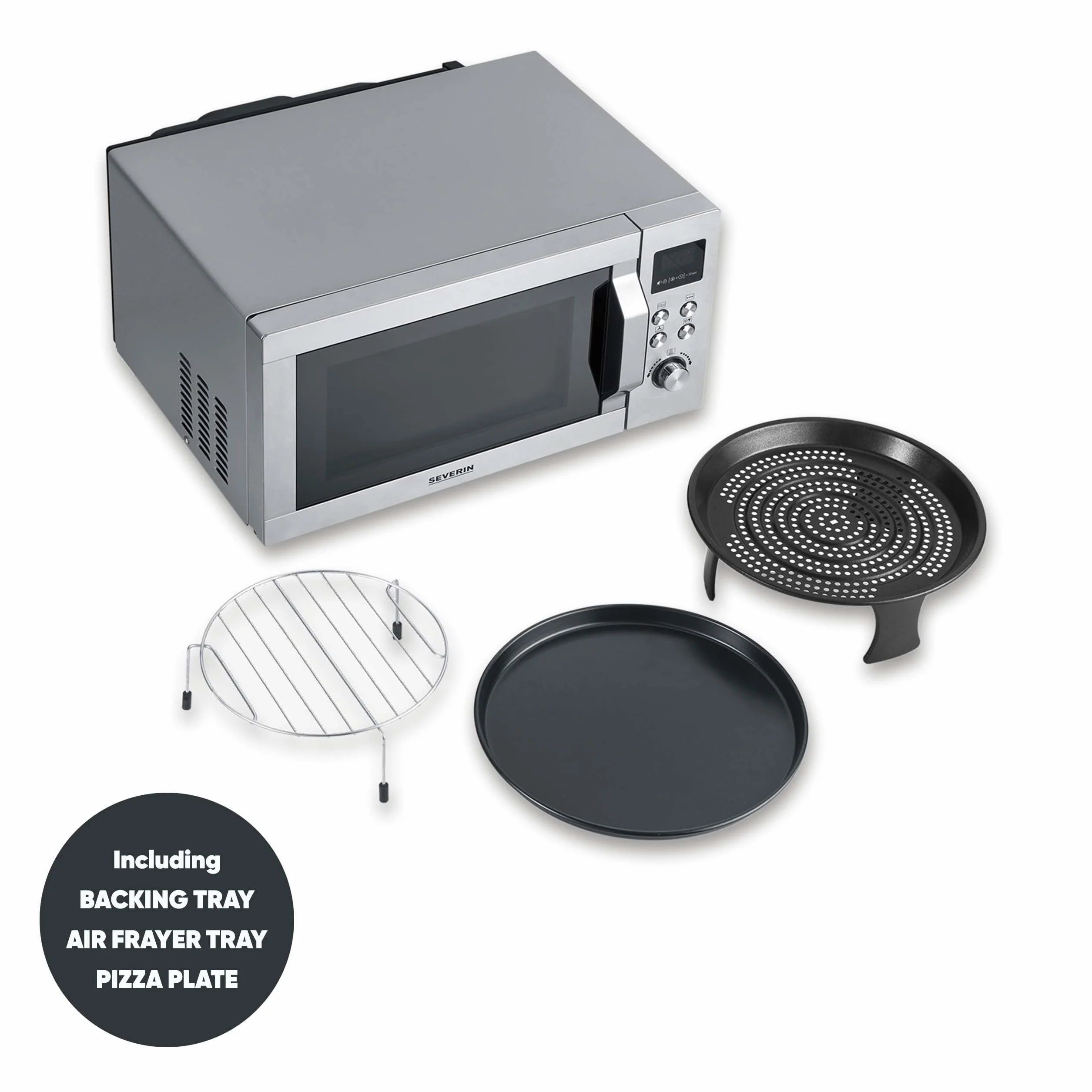 Kuchenka mikrofalowa SEVERIN 4 w 1 „Crispy Wave”, funkcja gorącego powietrza do 230°C, frytkownica na gorące powietrze, piekarnik i grill, maks. moc 2150 W, 25 l, srebrna/stal nierdzewna, MW 7982
