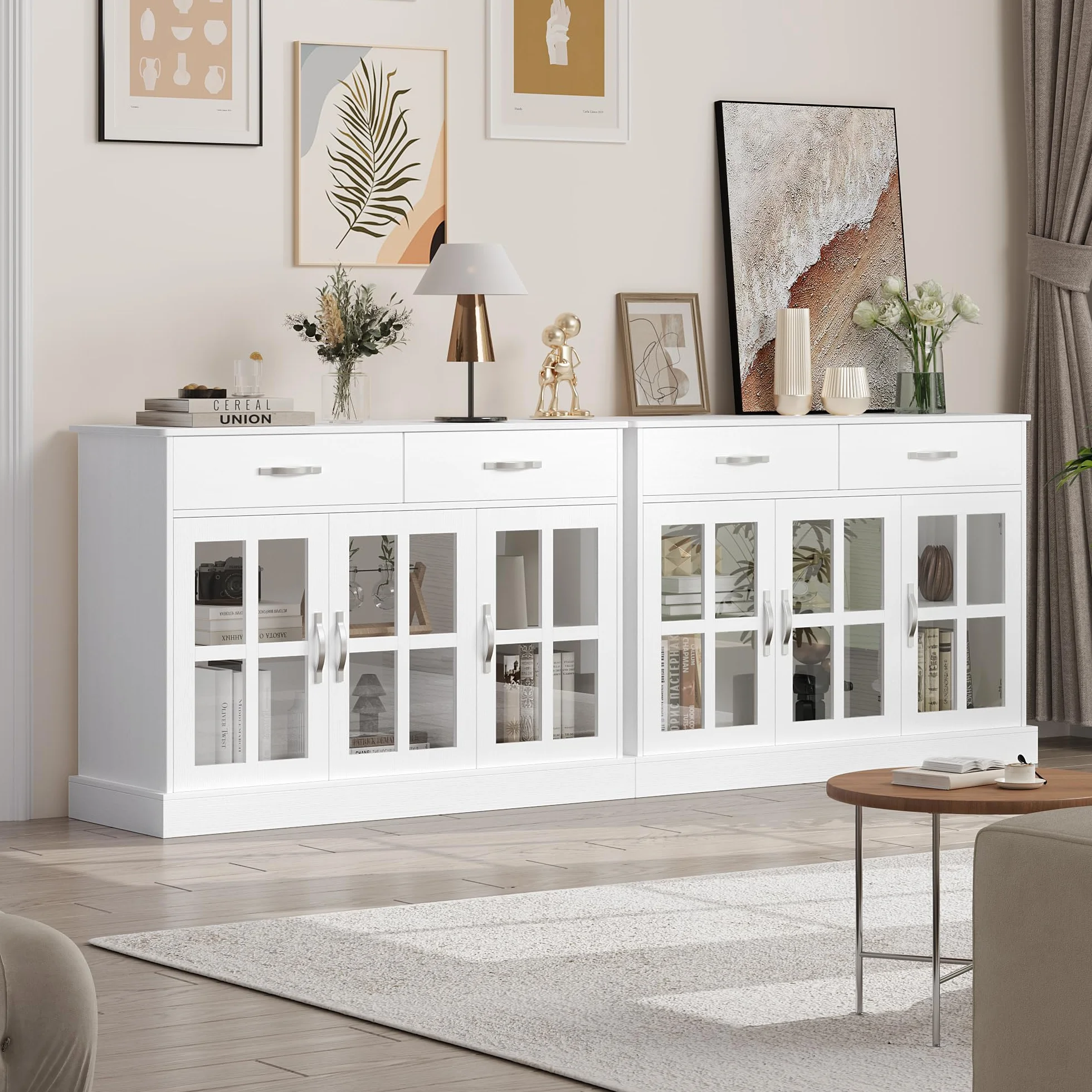 FirFurd Szafka kuchenna, kredens z 3 szklanymi drzwiami i 2 szufladami, szafka bufetowa, drewniana szafka do przechowywania, do salonu, jadalni, korytarza, 120 x 84 x 40 cm