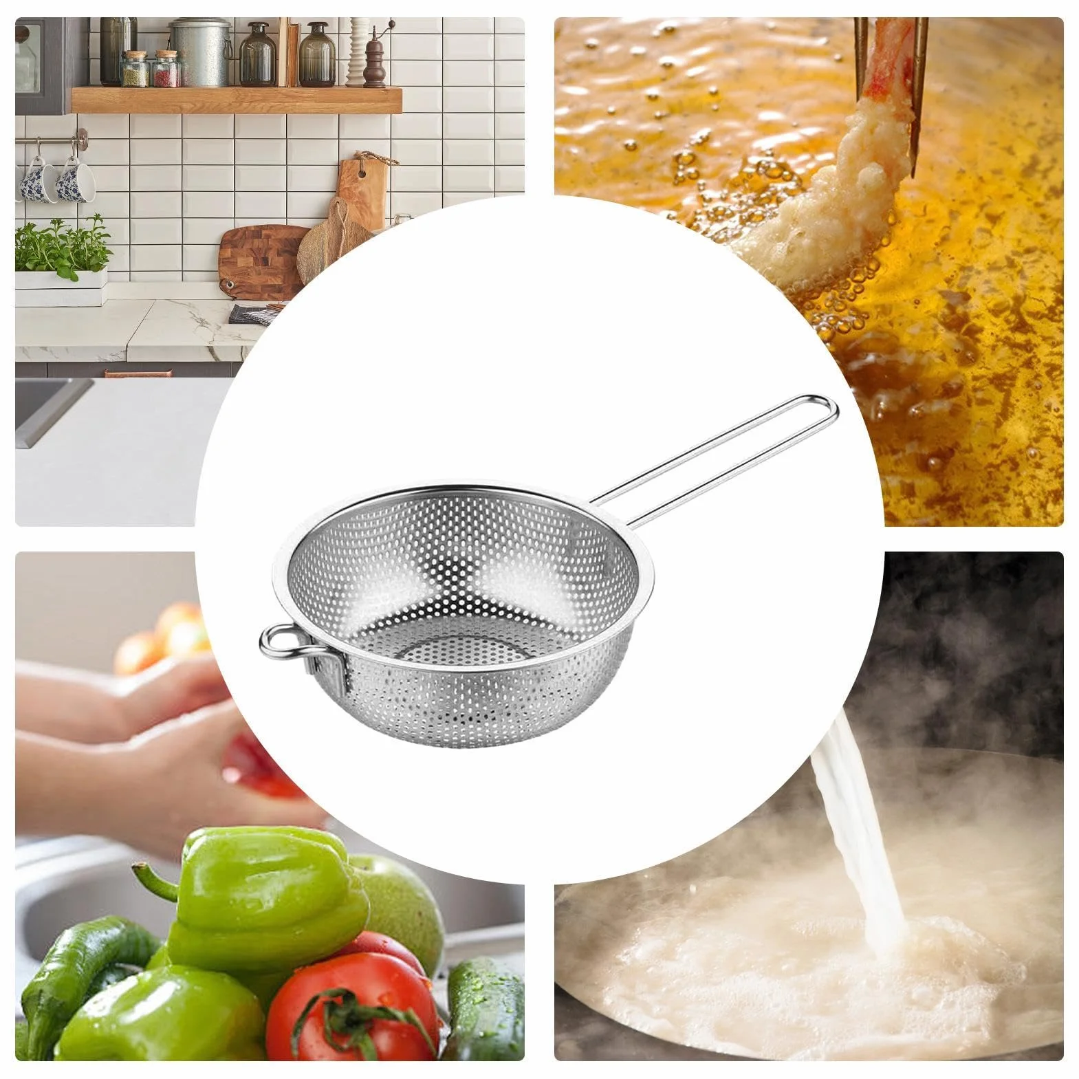 Sitko do makaronu – odporny na wysokie temperatury filtr do łatwego osuszania z wygodnym uchwytem, durszlak ze stali nierdzewnej z drobną siatką do owoców, warzyw, makaronu, sałatek, frytek, gotowania