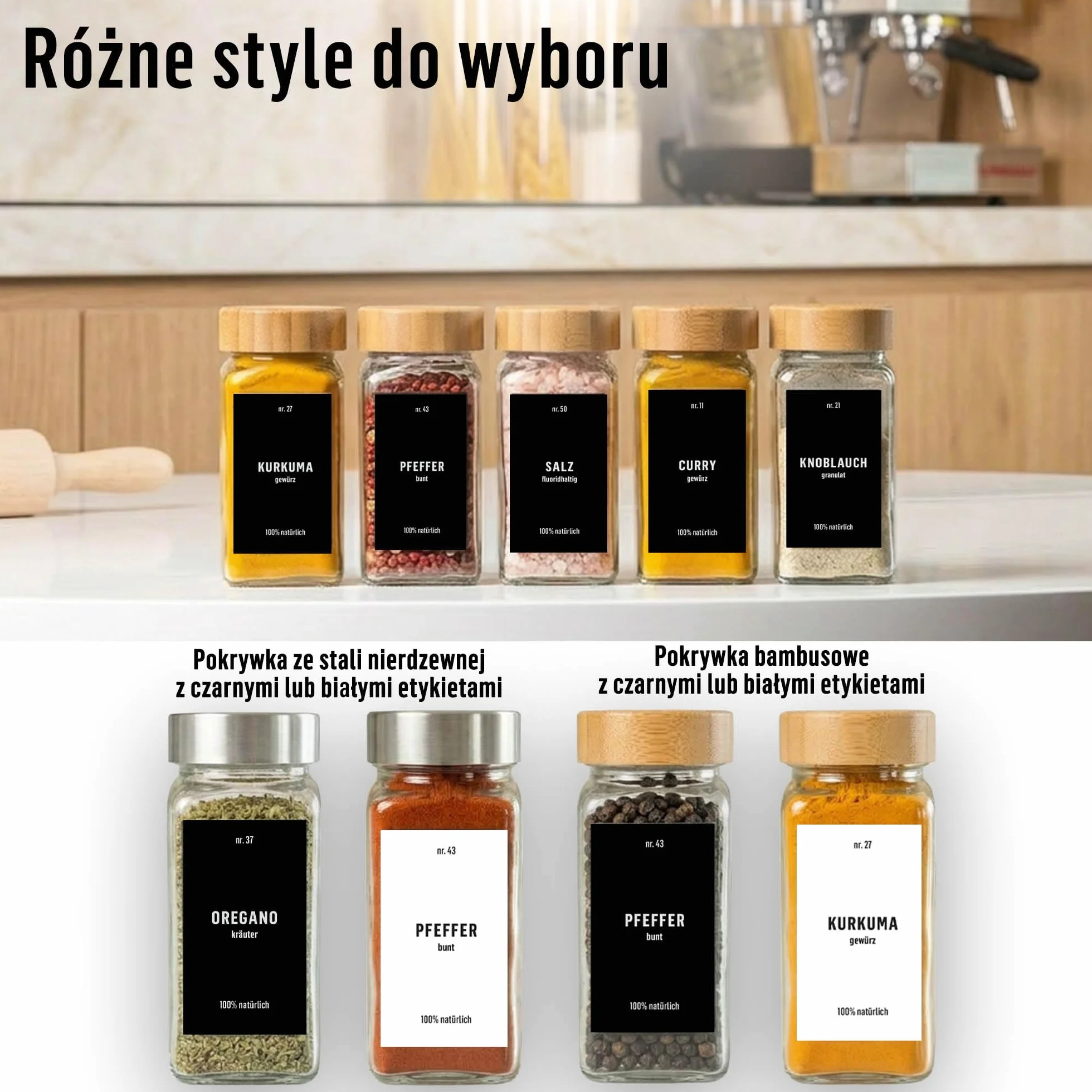 Deco haus® Słoiczki na Przyprawy z Nakrętką - Zestaw 36 sztuk - Różne Nasadki do Wytrząsarek, Lejek, Pędzelek, Etykiety i Kreda - Idealne do Naszych 4 Stojaków na Przyprawy - 120 ml, 10,8 x 4,5 cm