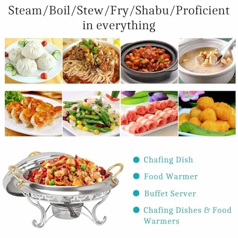 Okrągły zestaw naczyń bufetowych ze stali nierdzewnej z uchwytami na paliwo, idealny do cateringu i na imprezy