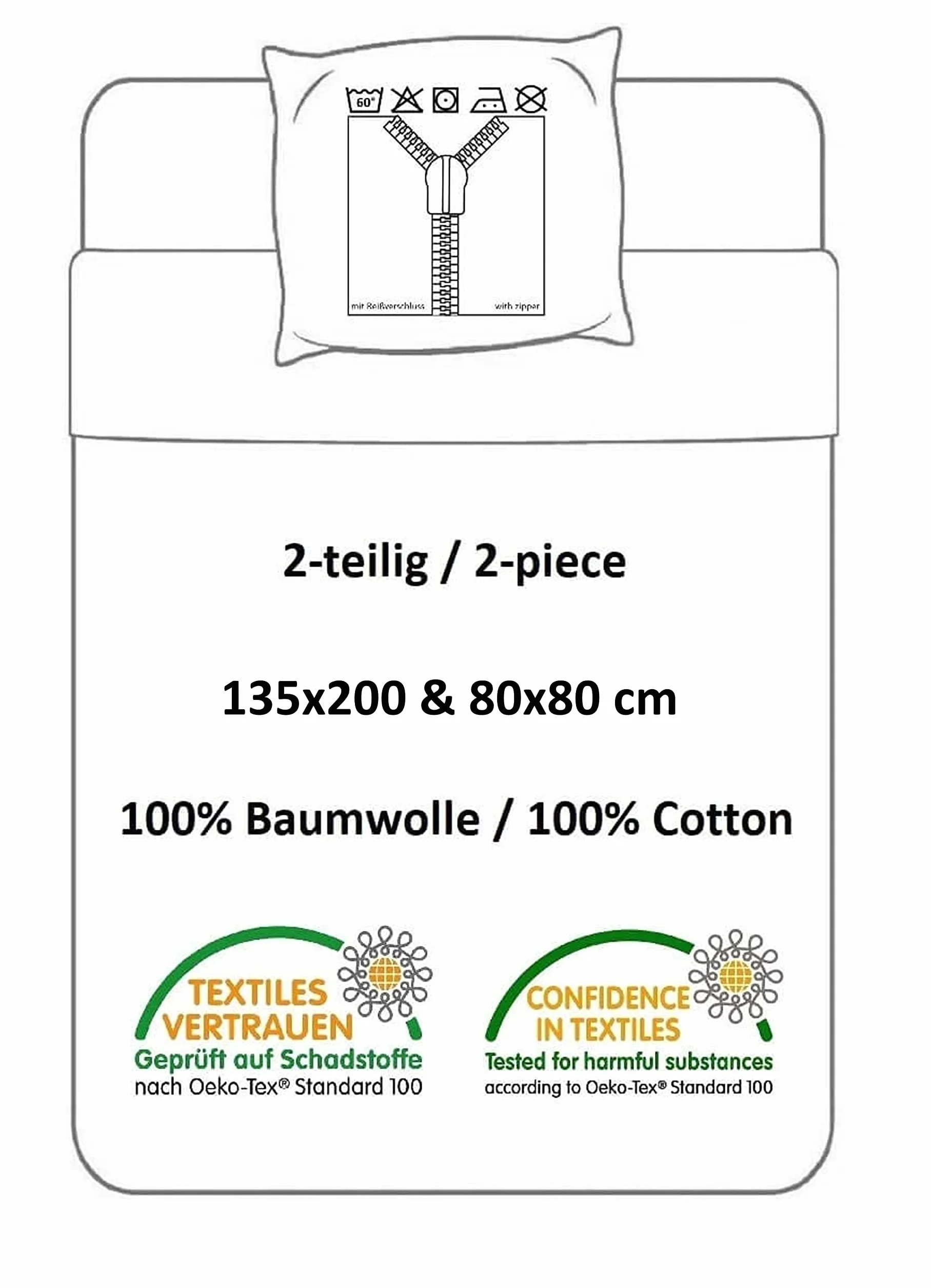 Theonoi Zestaw 2-częściowy komplet pościeli dziecięcej z dwustronną pościelą 135 x 200, 80 x 80 cm, bawełna Öko-Tex Standard niemiecki standardowy rozmiar