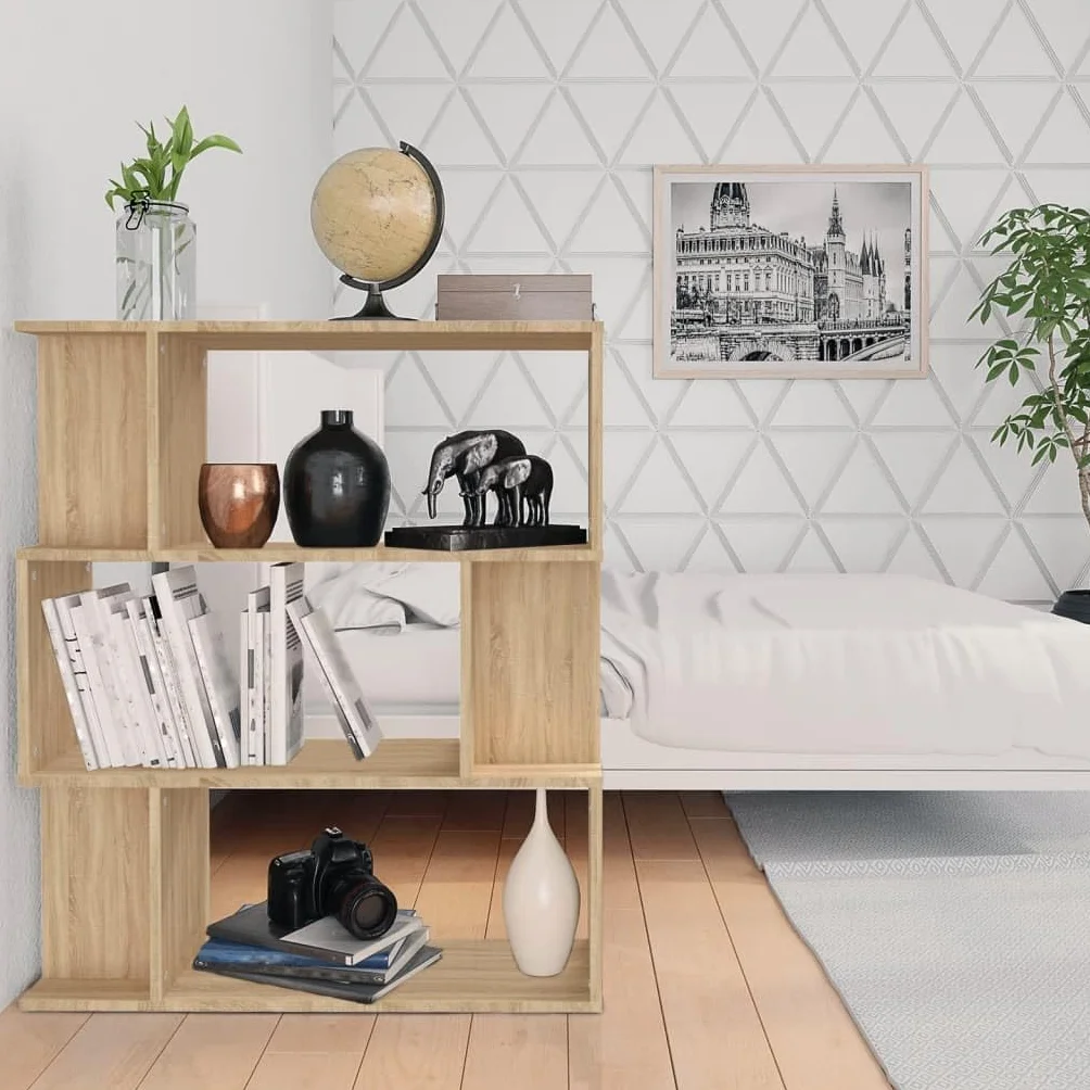Regał na książki dąb Sonoma 80 x 24 x 96 cm, materiał drewnopochodny z 3 dużymi i 6 małymi przegródkami, jako ścianka działowa, do salonu, biura i korytarza, praktyczna półka i miejsce do