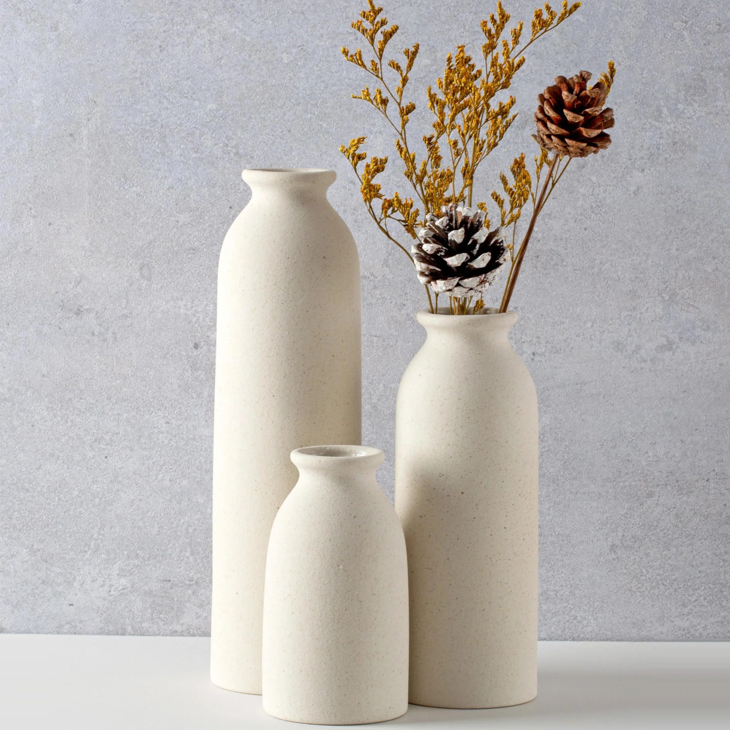 Nowoczesny zestaw wazonów ceramicznych, 3-częściowy, dekoracyjne wazony na kwiaty w różnych rozmiarach (beżowe)