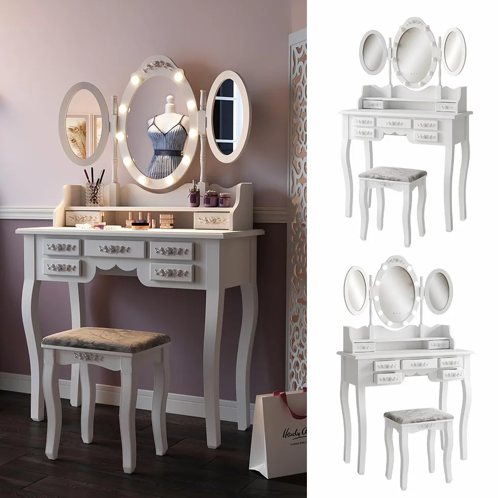 Vicco Stół do toalety "Diana", Biały, 90 cm | z oświetleniem i stołkiem, avec éclairage LED et tabouret, miroir réglable en hauteur