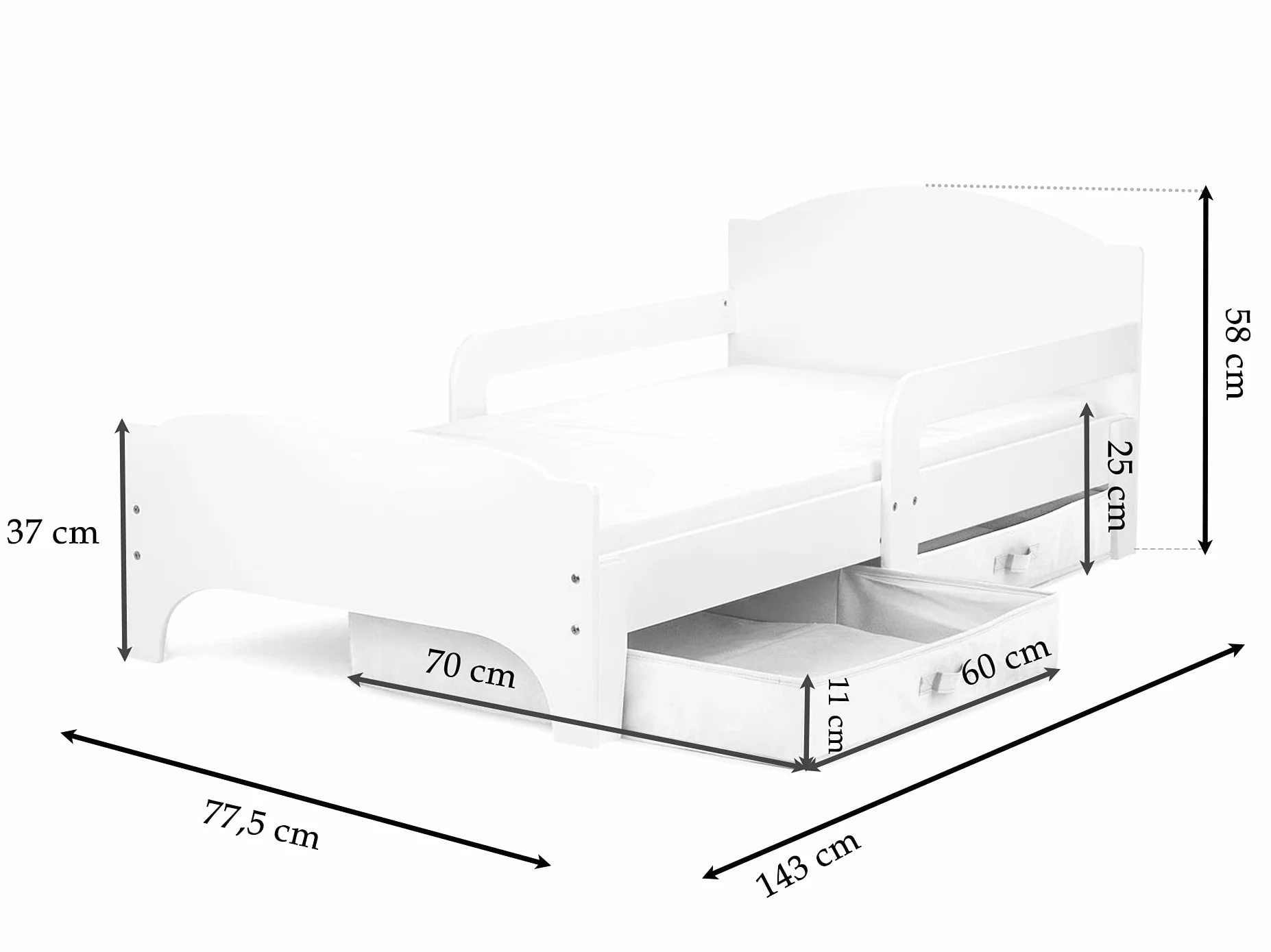 Leomark łóżko dziecięce SMART 70 x140 cm pojedyncze łóżeczko z szufladami na pościel, materacem i barierką ochronną Białe + niebieskie szuflady