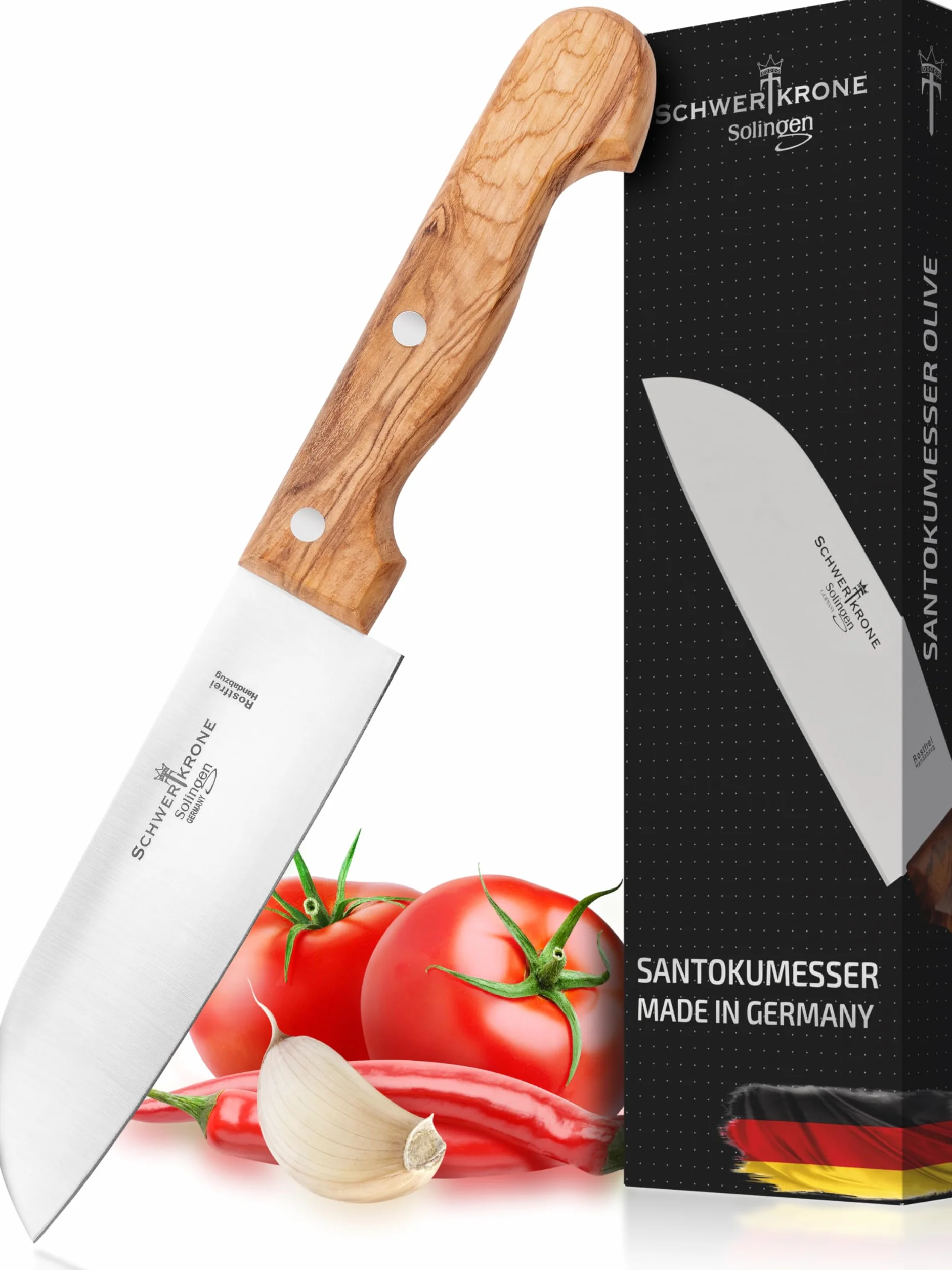 Schwertkrone Solingen Premium Santoku nóż szefa kuchni, ostrze 15 cm, uchwyt z drewna oliwkowego, idealny do mięsa i warzyw – nóż Santoku