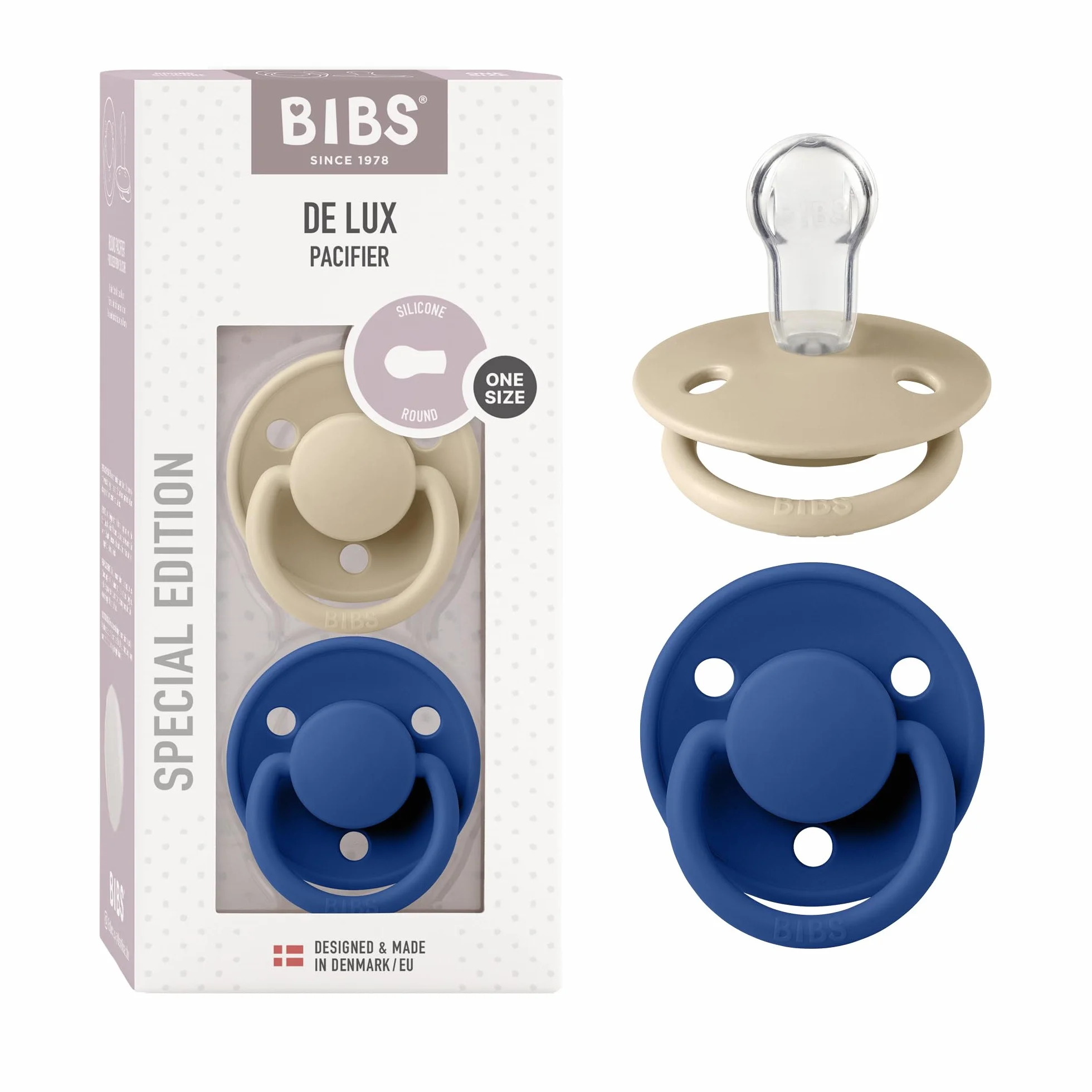 BIBS De Lux smoczek, 2 sztuki, nie zawiera BPA, smoczek w kształcie wiśni, silikon, wyprodukowano w Danii. 0-36 miesięcy (2 sztuki)