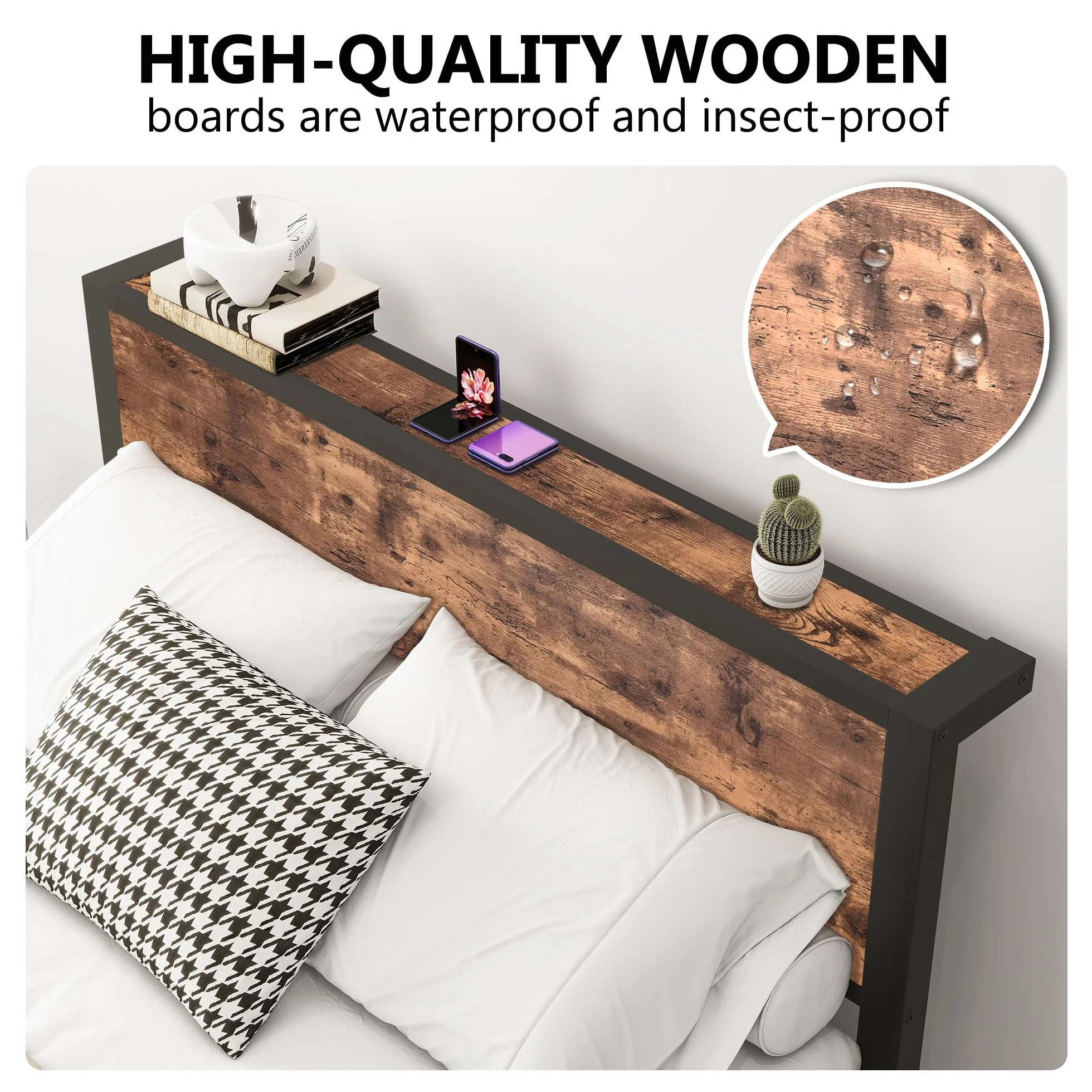 HOMERECOMMEND Rama łóżka 140 x 200, łóżko podwójne 140 x 200 cm, stelaż z metalu, łóżko dla gości do małych pomieszczeń, kolor czarny i brązowy