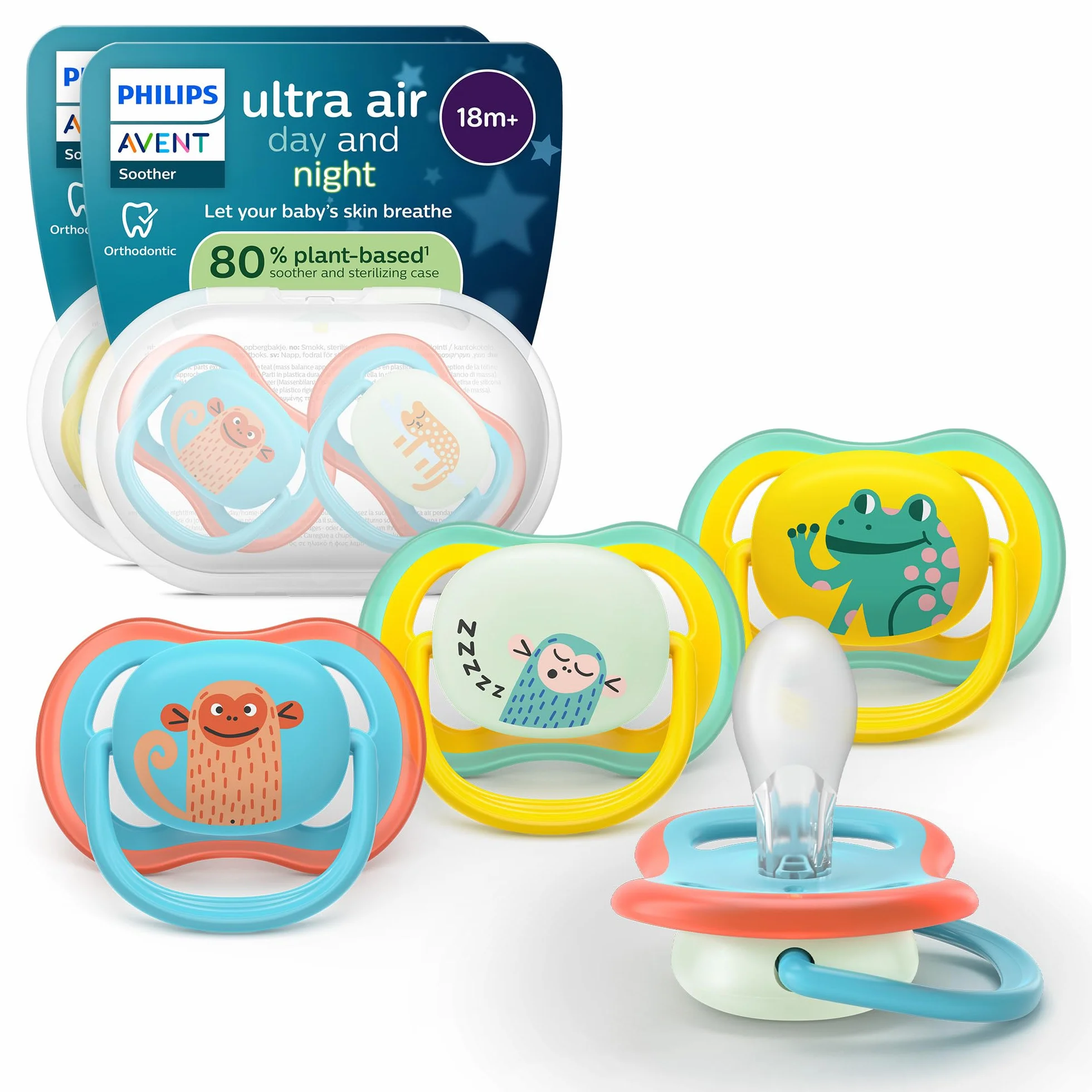 Philips Avent Ultra Air Smoczki Day & Night — ortodontyczny smoczek dla dzieci w wieku ponad 18 miesięcy, wersja świecąca w ciemności, wyjątkowo sztywna symetryczna silikonowa końcówka, 4, SCF349/56