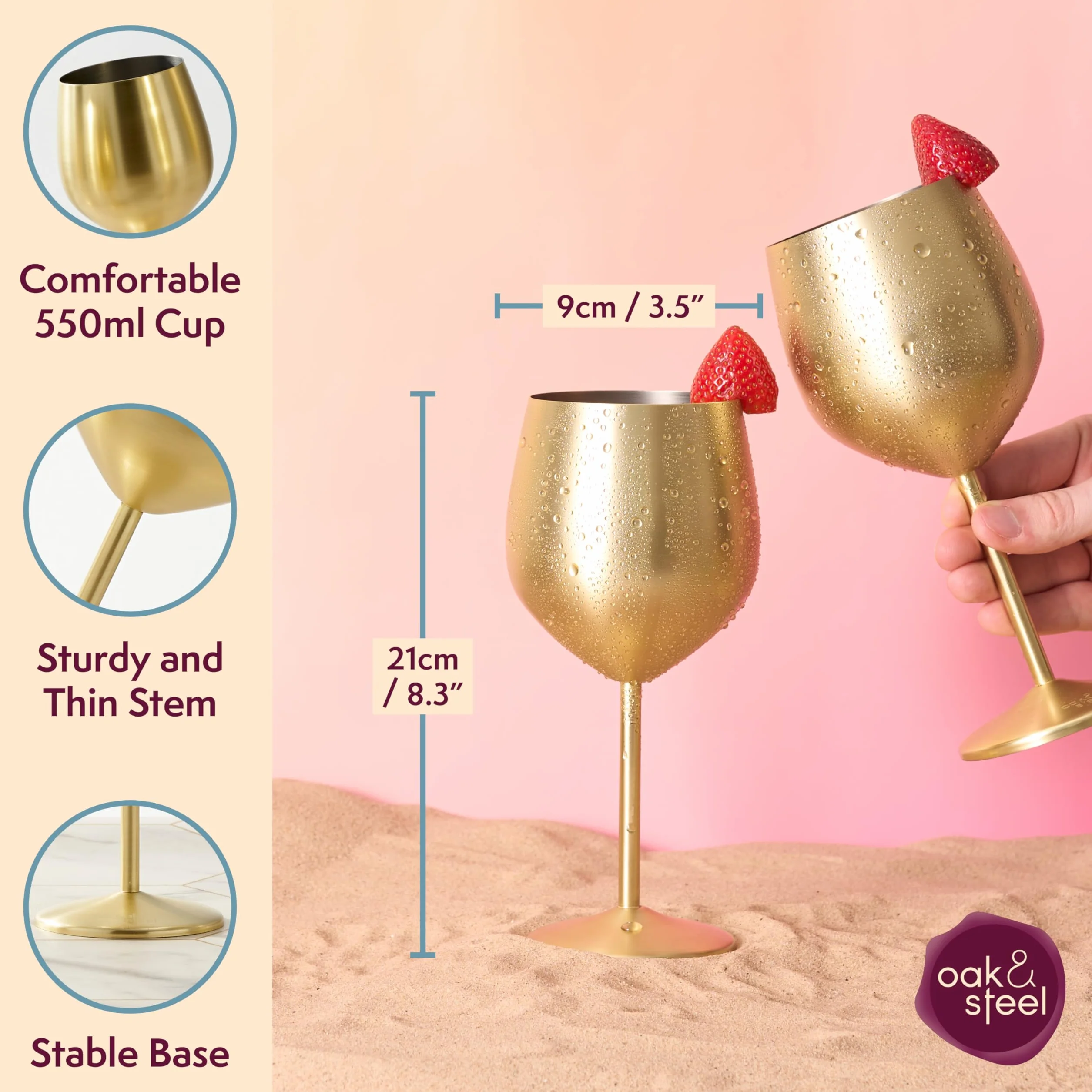 Oak & Steel - 4 eleganckie złote kieliszki do wina ze stali nierdzewnej, 540 ml, nietłukący się kieliszek do wina, zestaw upominkowy, do domowego baru, na wesela, rocznicę, przyjęcie urodzinowe