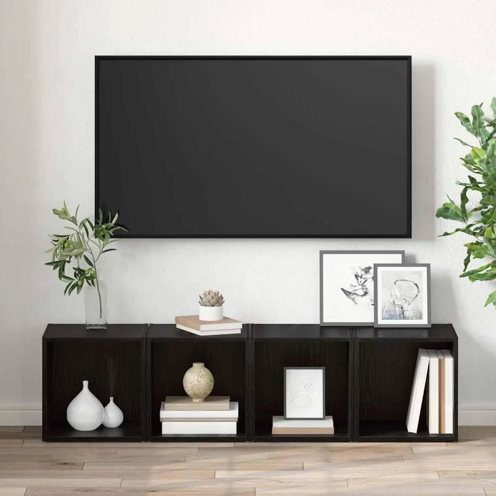 Szafka TV, czarna, materiał drewnopochodny, zestaw 4 sztuk, 37 x 35 x 37 cm, nowoczesne centrum rozrywki, konsola TV do salonu, sypialni