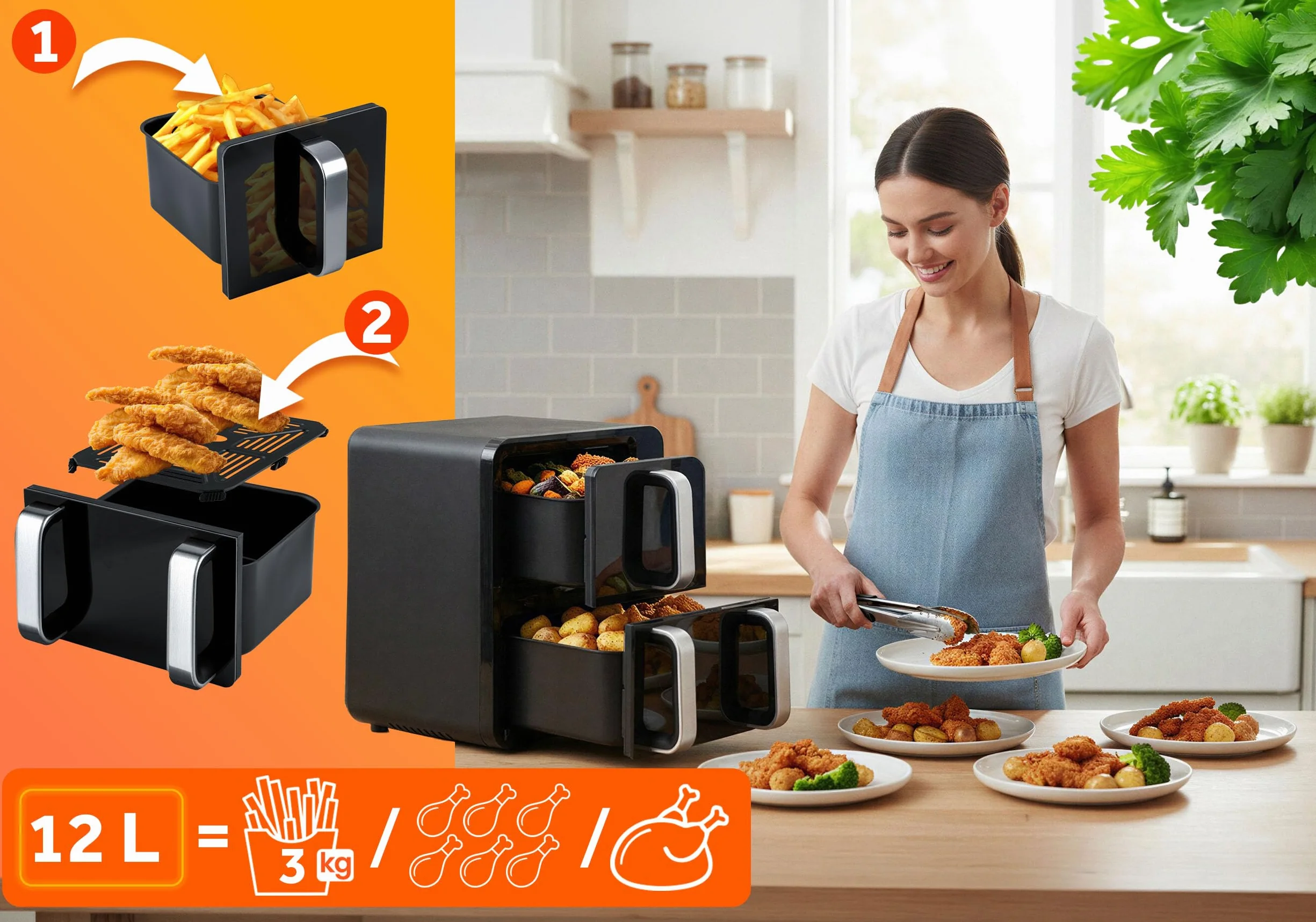 Berdsen Frytkownica Beztłuszczowa Airfryer 12 l Dwukomorowa 2800 W 8 Programów Ekran Dotykowy Czarna
