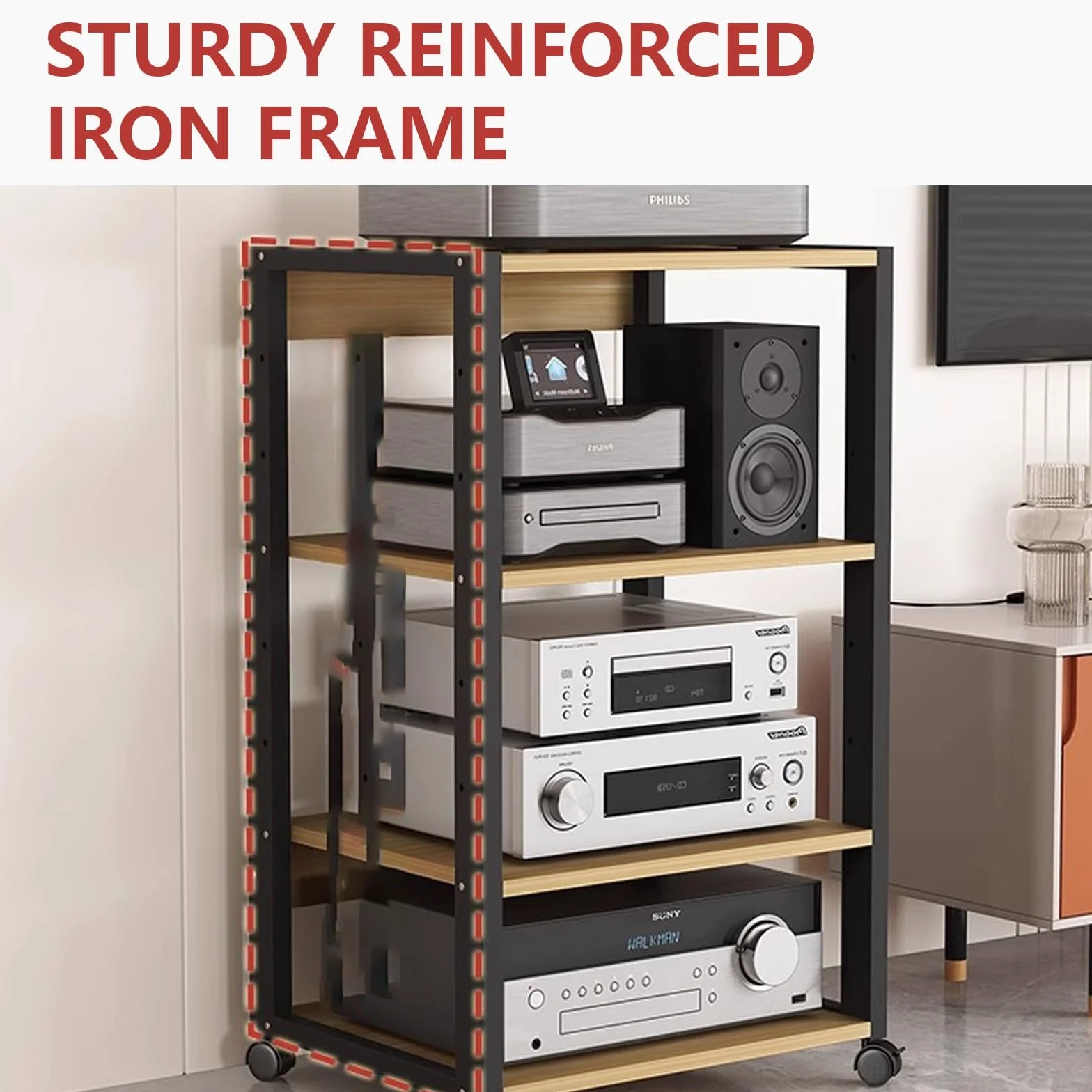 Regulowany 4-poziomowy stojak multimedialny AV, szafka na konsolę odtwarzacza płyt muzycznych z metalową ramą, stojak stereo na komponenty rozrywkowe, brązowy, 50 x 40 x 90 cm