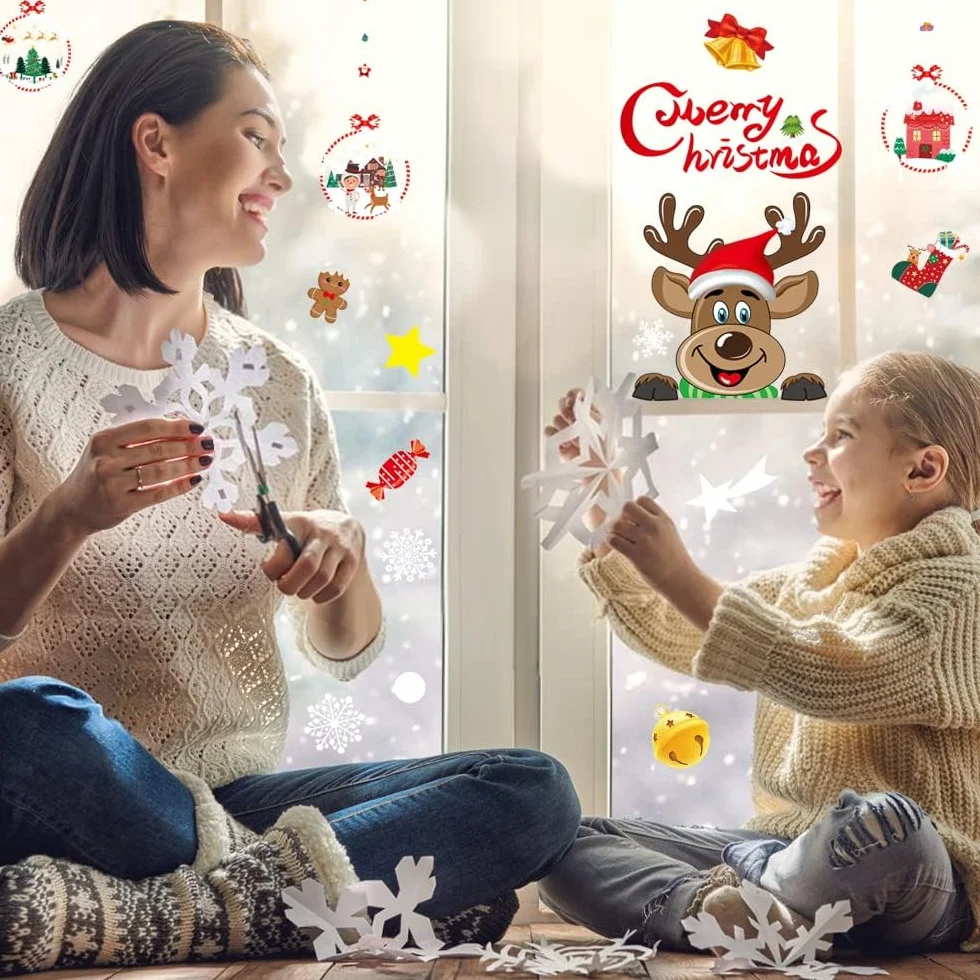 Świąteczne naklejki na okna Clings, Świąteczne dekoracje okienne Xmas naklejki na okna Dwustronne świąteczne naklejki na okna Decals Wielokrotnego użytku naklejki świąteczne na okna (8 arkuszy