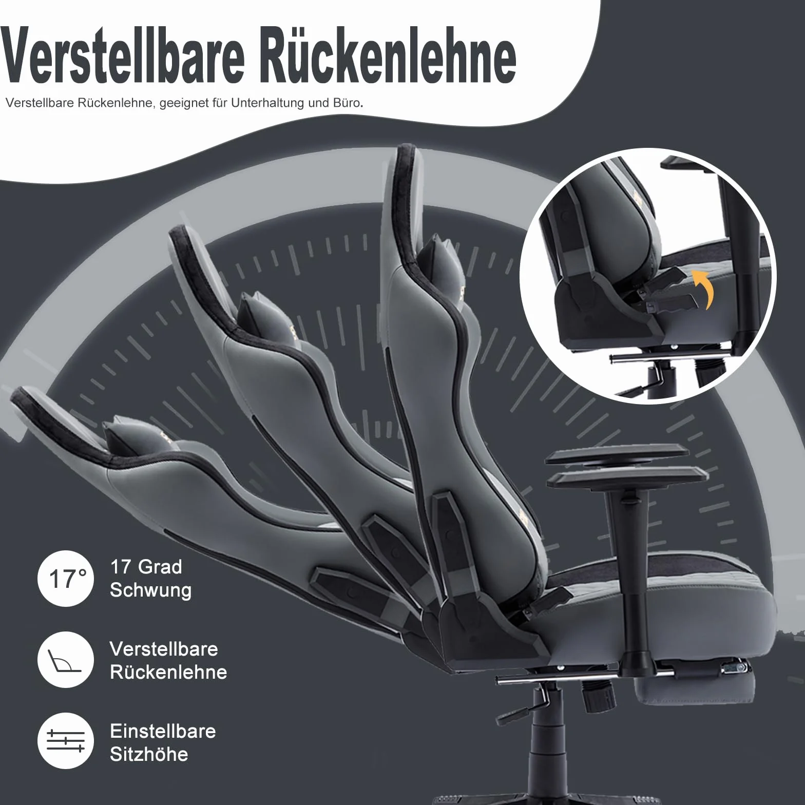 Symino Ergonomiczne Krzesło Gamingowe w Stylu Wyścigowym – Skóra Syntetyczna Vintage, Regulowane Podłokietniki, z Podnóżkiem/Szary